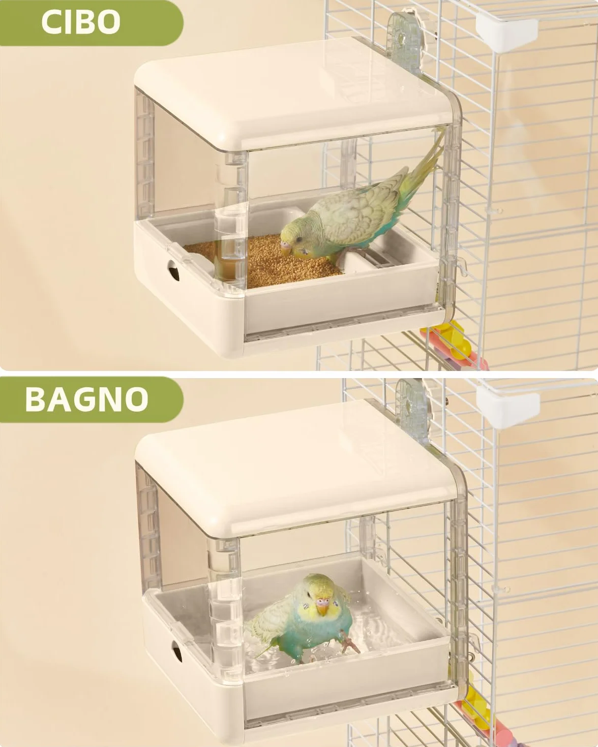 Bagno per uccelli sospeso per gabbia, accessori per uccelli piccoli e medi, pappagalli, inseparabili, fringuelli, parrocchetti (Bianco)