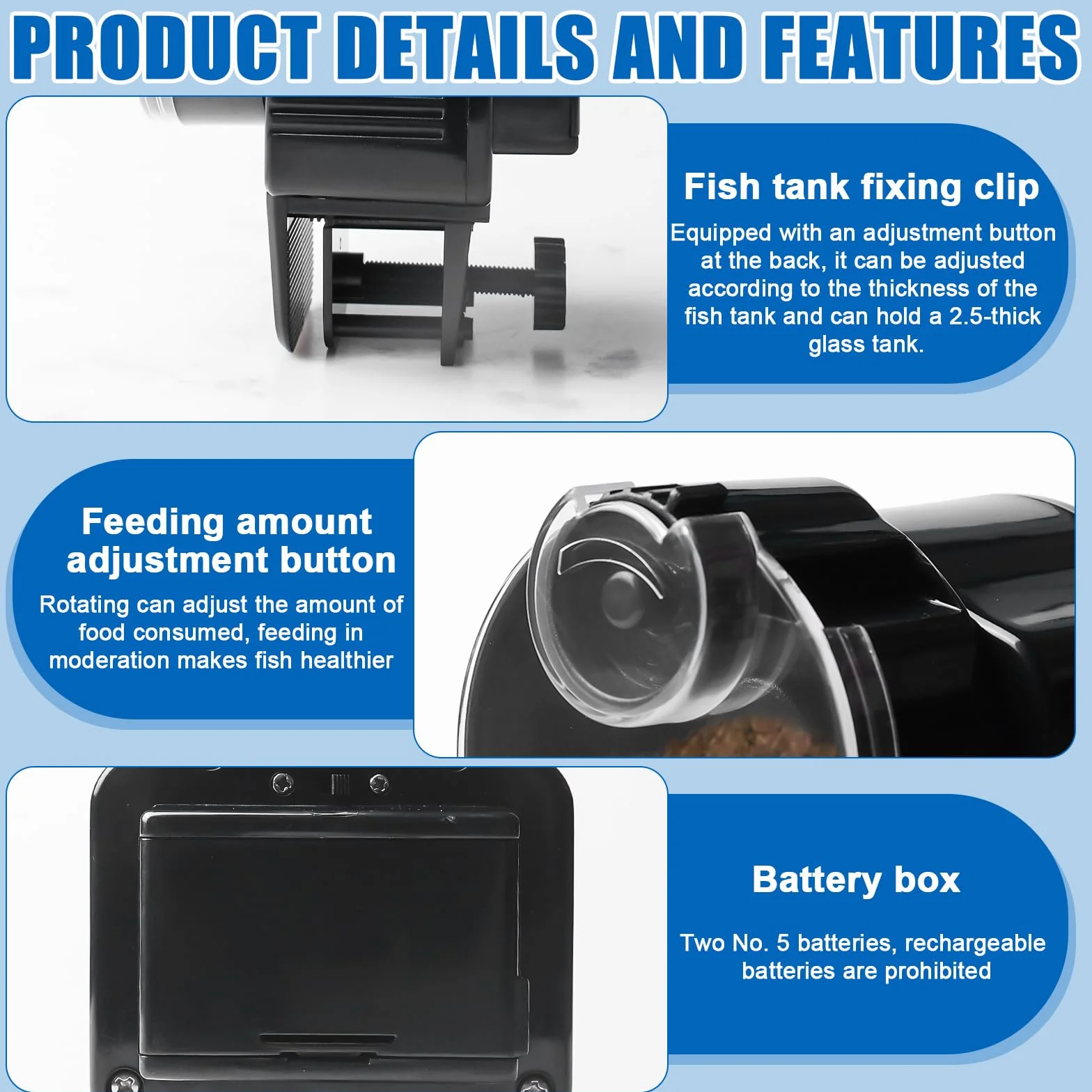 Alimentatore automatico per acquario 65 ml: distributore automatico di cibo per pesci con timer, regolabile per pellet/pellet, distributore automatico di cibo per pesci a