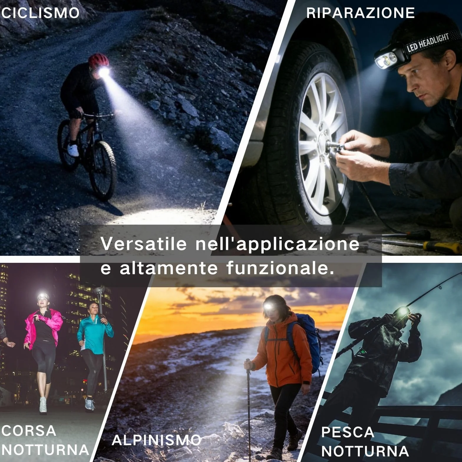 Lampada Frontale con Sensore di Movimento per Ciclismo Corsa e Pesca Illuminazione Regolabile