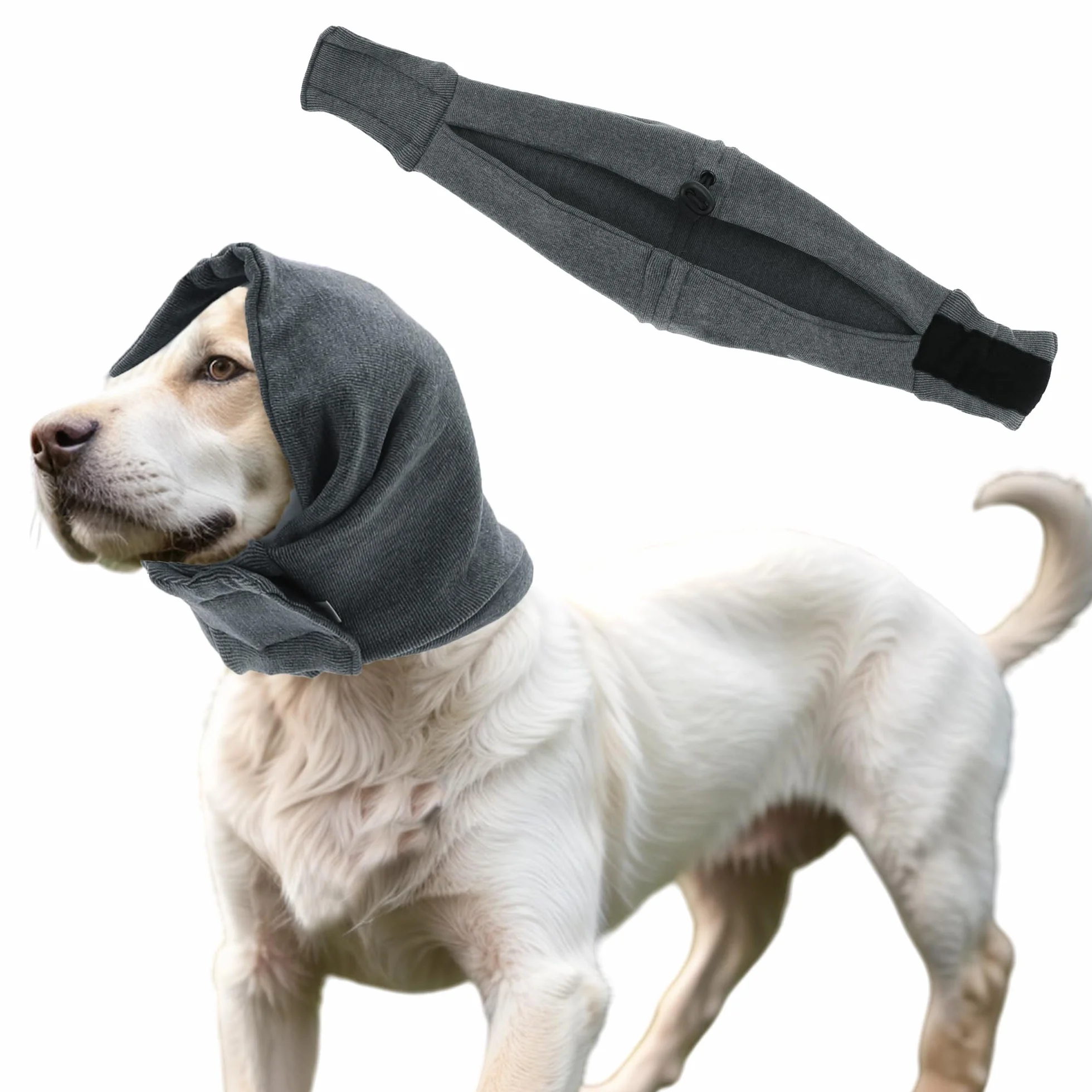 Cappuccio calmante per cani regolabile con nastri magici protezione orecchie toelettatura grigio