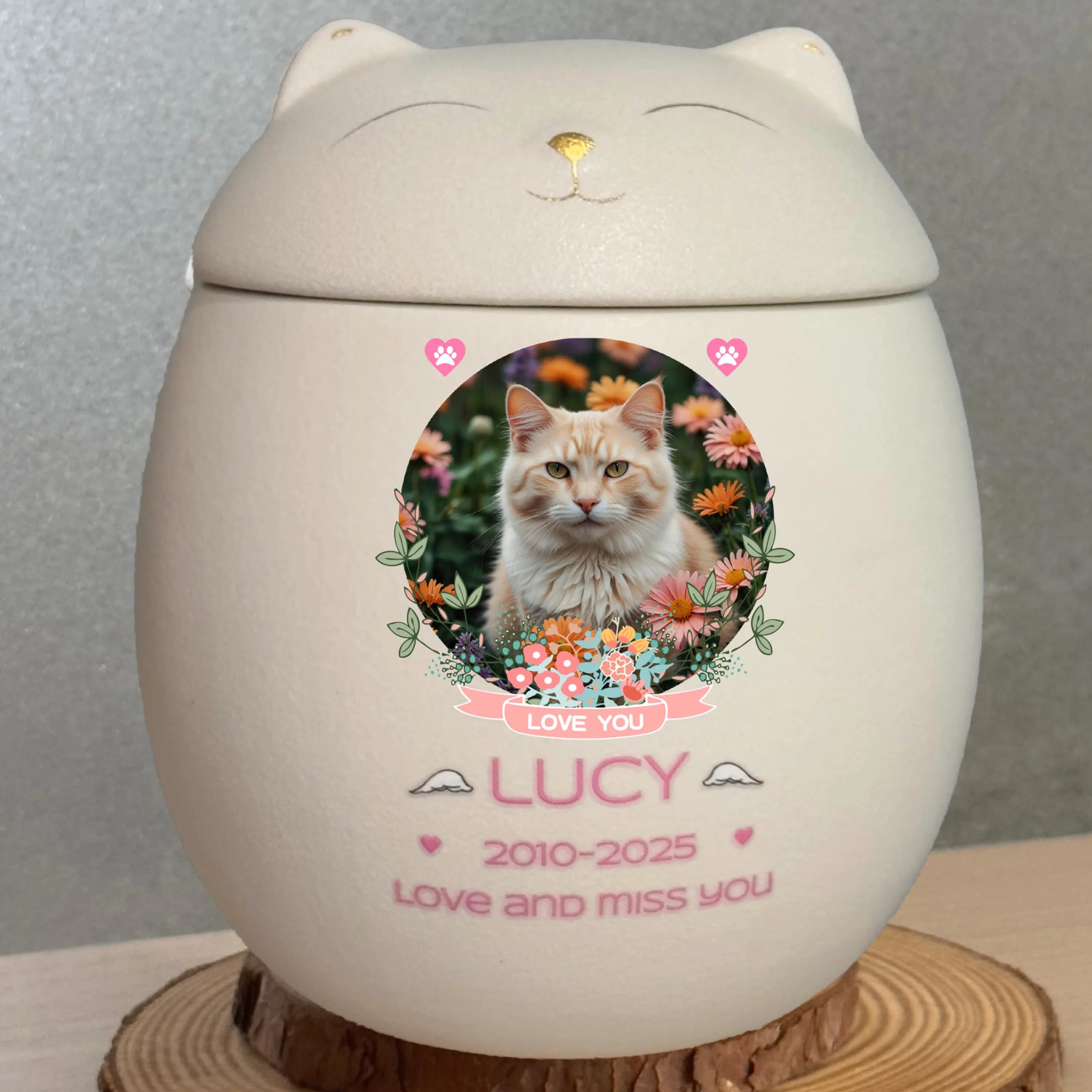 Urna per gatti in ceramica fatta a mano per ceneri di piccoli animali (bianco)
