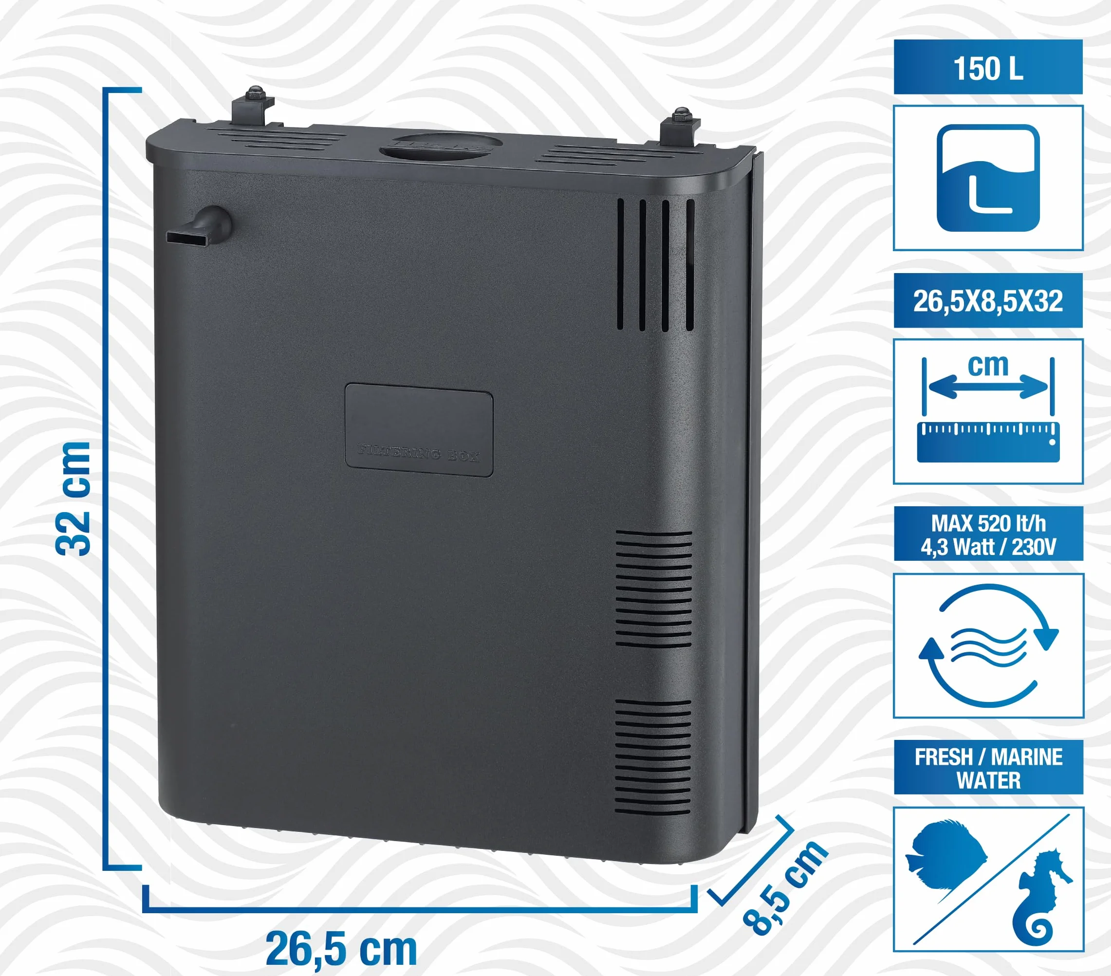AMTRA FILTERING BOX BLACK 150 - Filtro interno biologico per acquari con pompa 520 lt/h e materiali filtranti professionali