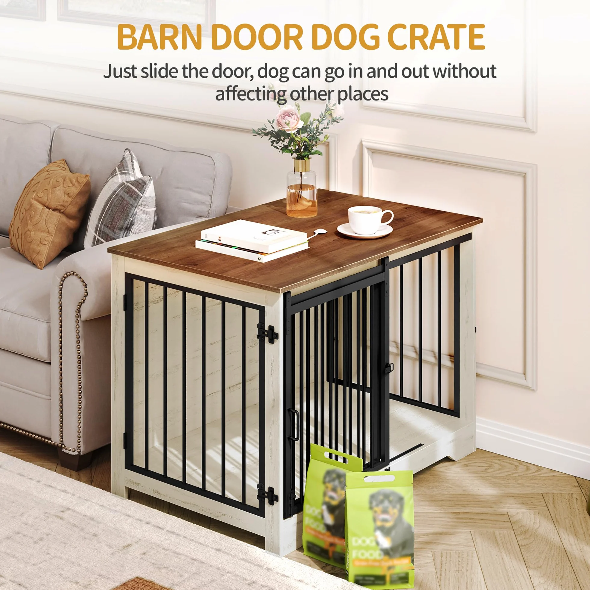 Hzuaneri 100cm Gabbia per Cani, Nicchia Moderna, 2 porte, 60 x 100 x 68 cm, Bianco e Marrone