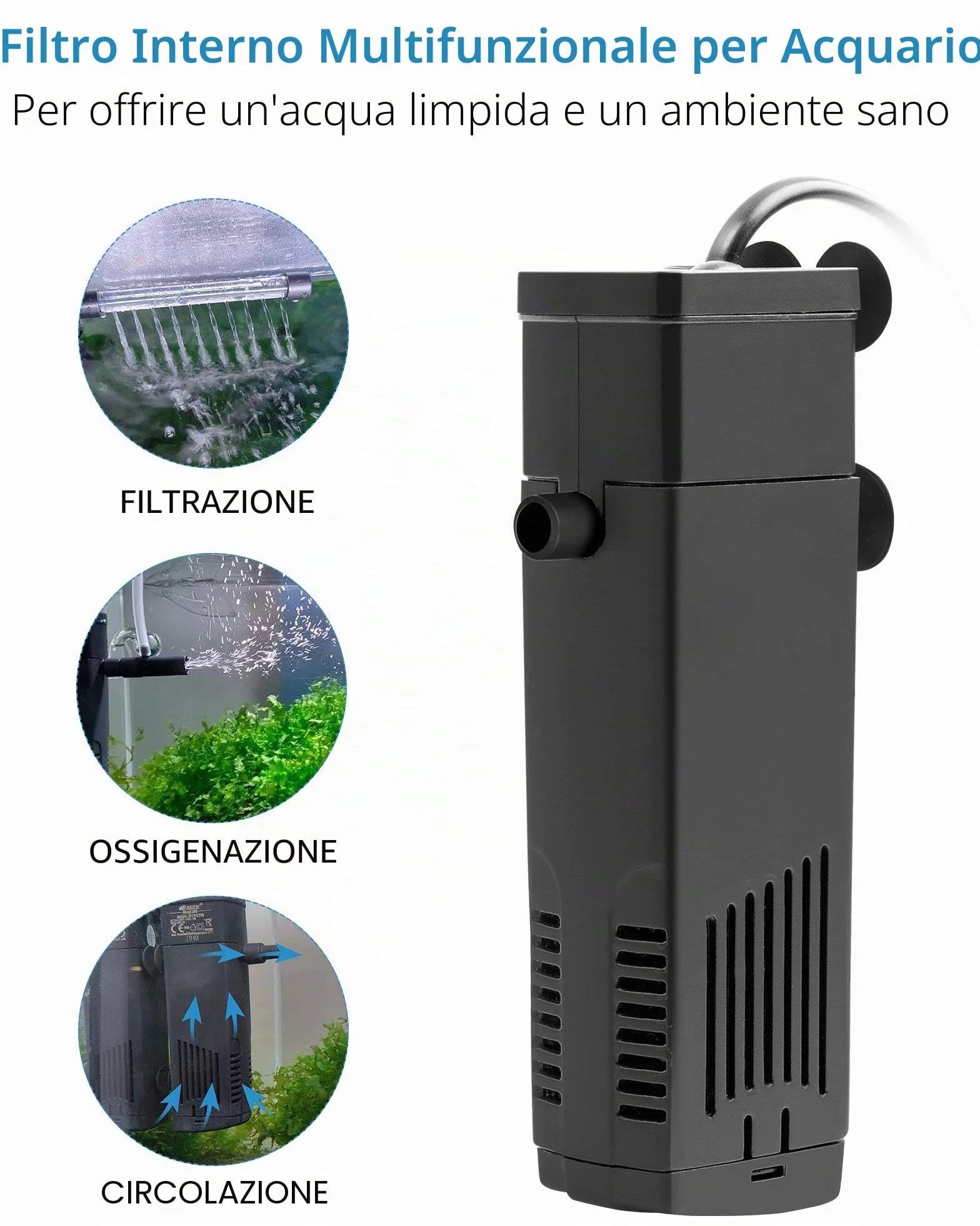 NICREW Filtro Acquario Interno Silenzioso e Potente, Filtro Interno Acquario con Flusso Massimo di 150L/H, Adatto per Acquario Fino a 20L
