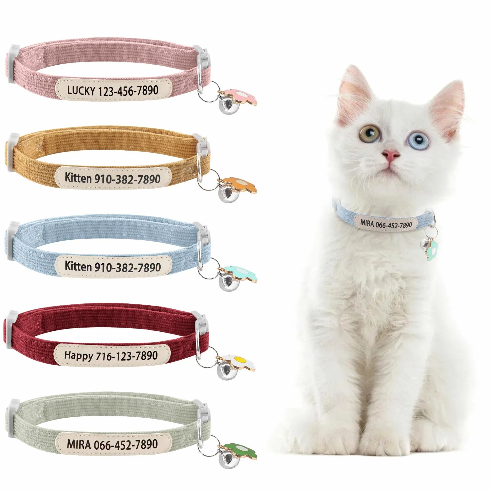 Collare per gatti personalizzato con stampa UV nome e numero di telefono – Collare regolabile per animali domestici con campana