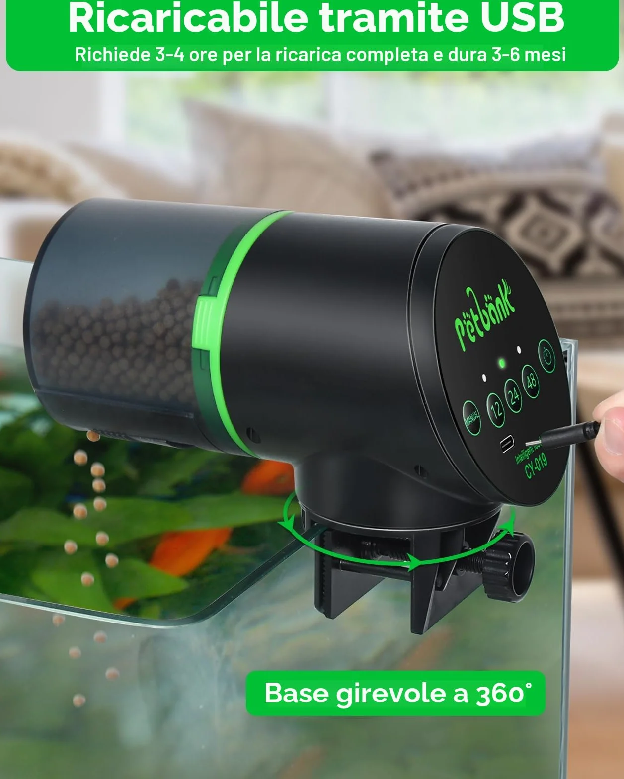 Mangiatoia Automatica Acquario Pesci 12/24/48 Ore con Cavo USB Charger, Nero