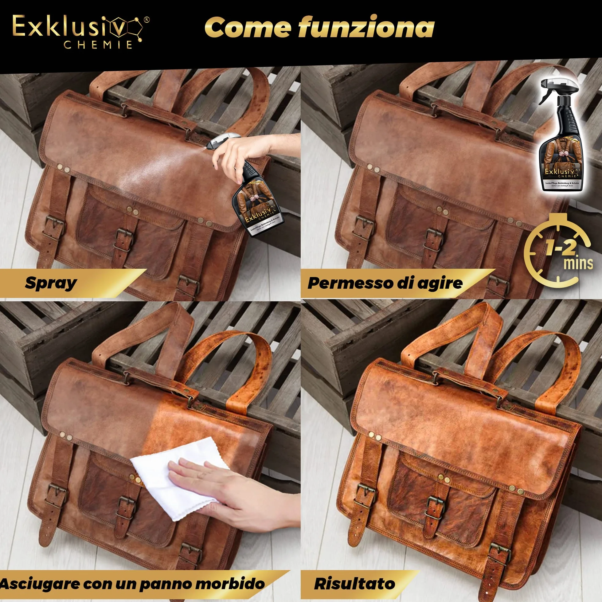 Exklusiv Chemie® Cura della pelle Cura della pelle Abbigliamento e scarpe | Cura della pelle per vestiti e scarpe di pelle | Spray per la cura della pelle | Pulitore per pelle | 500 ml | Per giacche in pelle, scarpe in pelle e borse in pelle