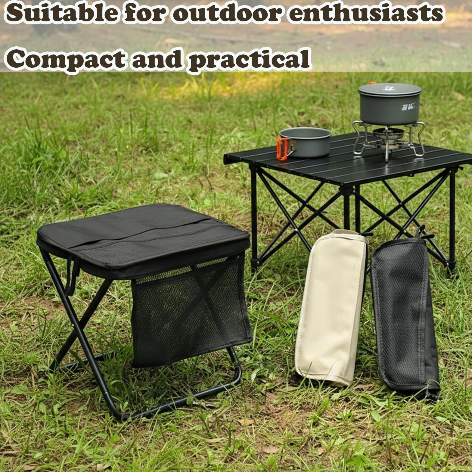 Sgabello Pieghevole Portatile da Campeggio, Sedia Esterna Compatta e Leggera con Borsa e Cerniera, Robusta e Stabile, Ideale per Pesca, Escursionismo, Viaggi e Attività Outdoor (Nero)
