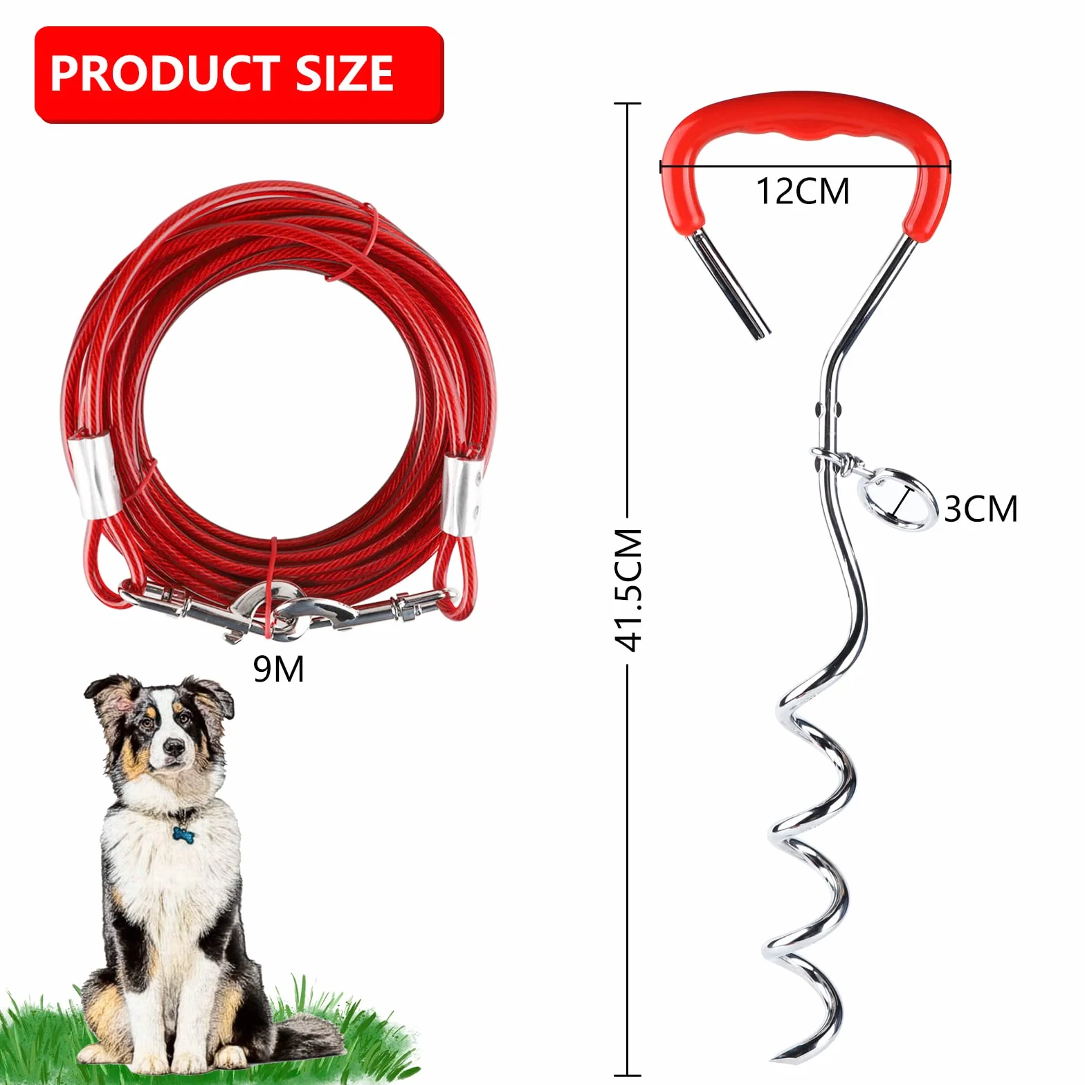 EFUTURETIME Picchetto a Spirale per Guinzaglio del Cane in Acciaio Inossidabile 9m, può Essere Ruotato di 360° Senza Incepparsi, Fascetta per Cani per Cortili, Campeggi, Parchi