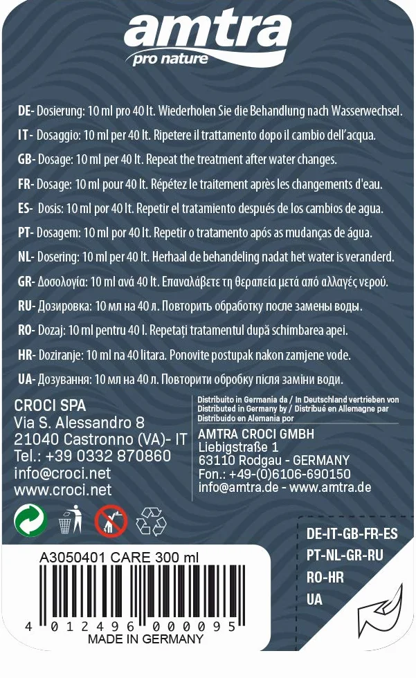 Amtra Care Biocondizionatore acquario dolce 300 ml elimina cloro metalli pesanti
