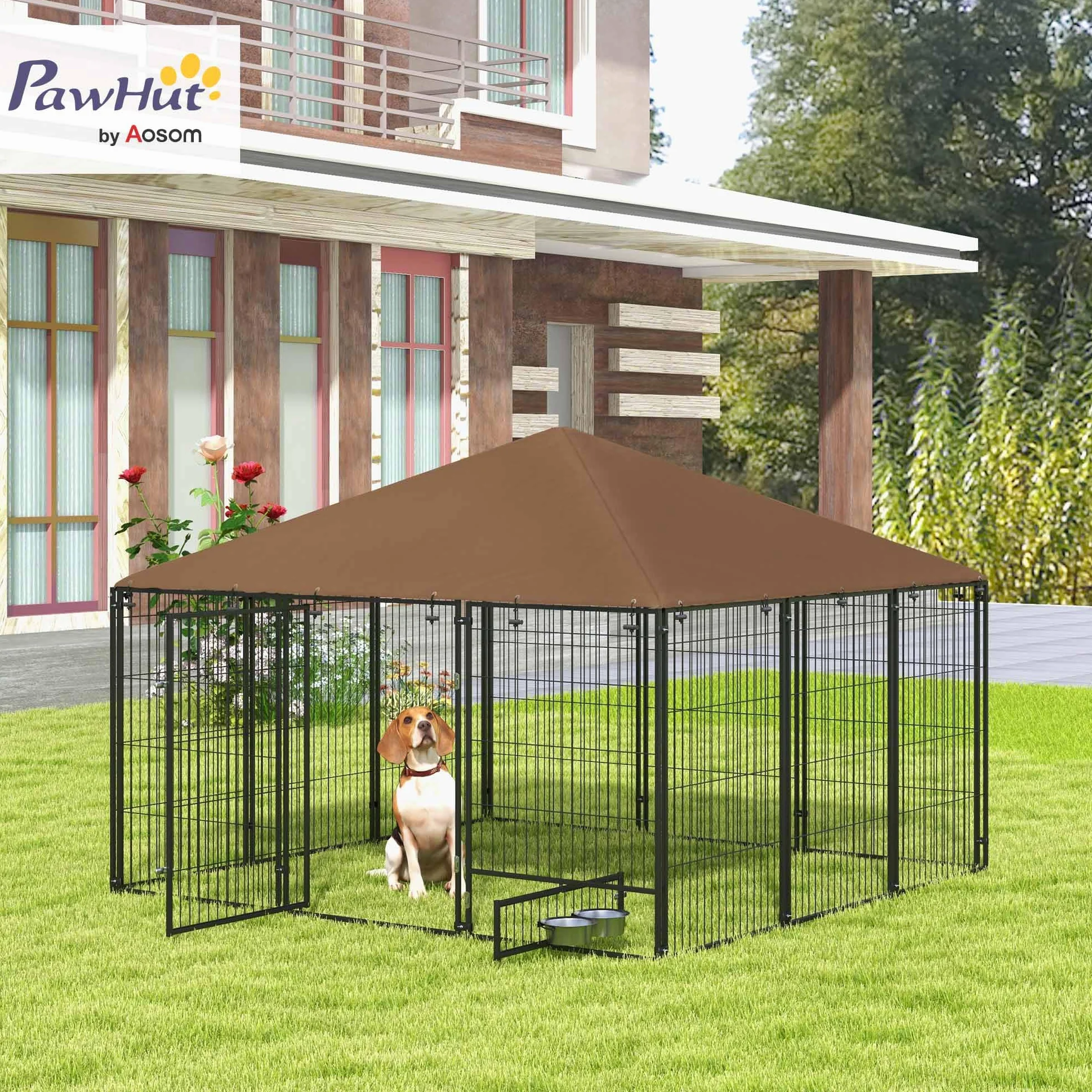 PawHut Recinto per Cani Acciaio 211x211x151 cm Tetto Anti-UV Impermeabile Ciotola Girevole Nero e Marrone