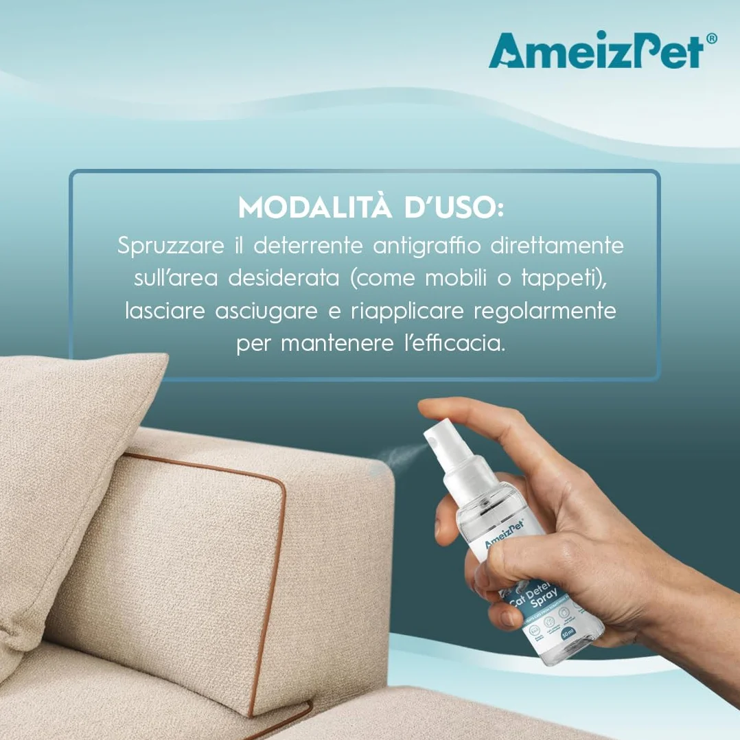 AmeizPet Spray Disabituante per Gatti, Repellente per Gatti, Smetti di Graffiare Mobili, Tappeti, Tende e Piante, Soluzione Sicura ed Efficace, Uso Interno & Esterno, 50 ml (1,69 FL oz)