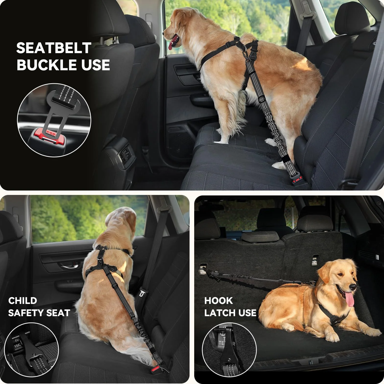Pawaboo Cintura di Sicurezza per Cani da Auto,Imbracatura Cani Auto con Doppia Clip,Giubbotto Traspirante Regolabile&Cinghia Sicurezza con Elastico per Animali Piccola,Media,Grande, XL, Nero