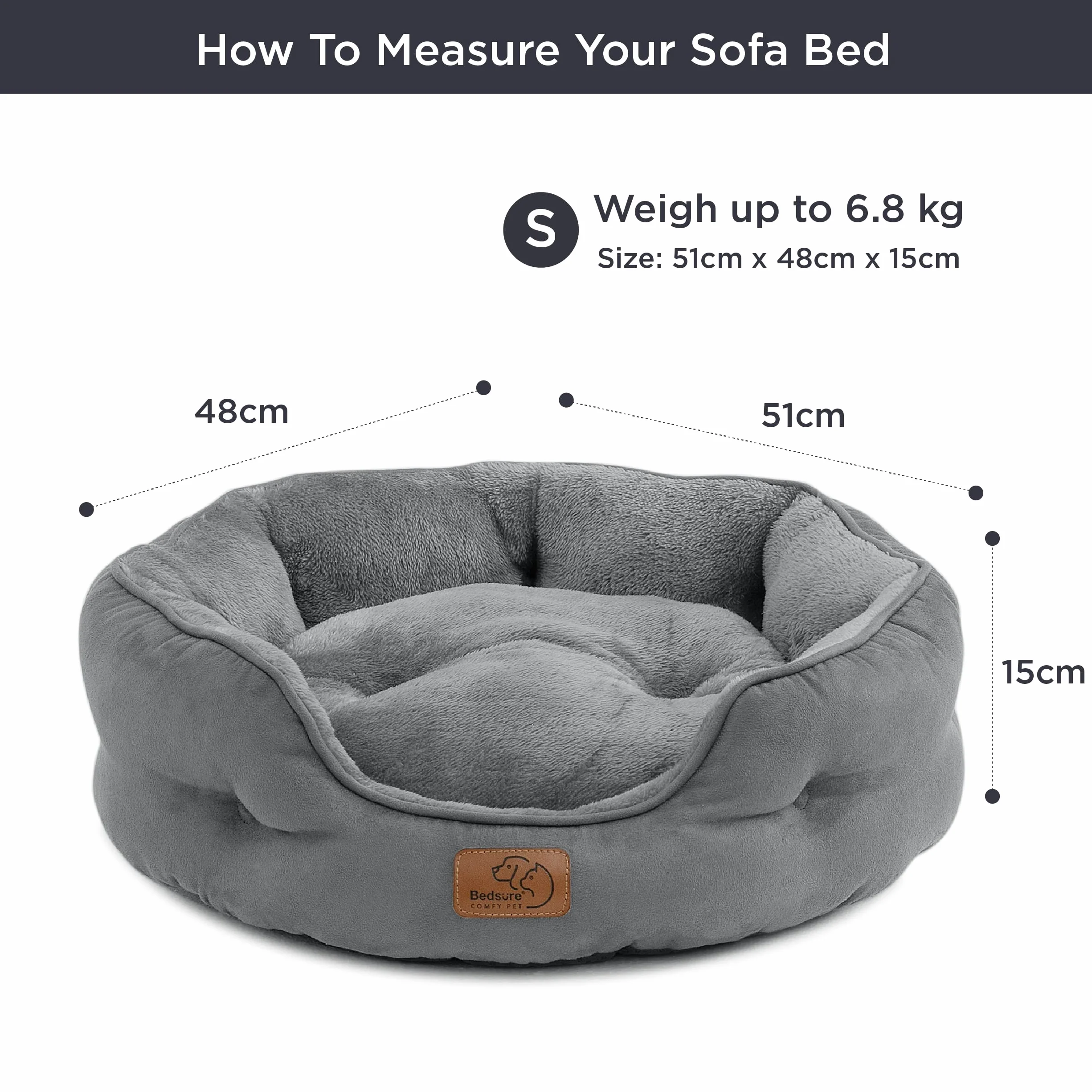Bedsure Letto per Cani Lavabile Rotondo Antiscivolo Grigio 51x48x15cm