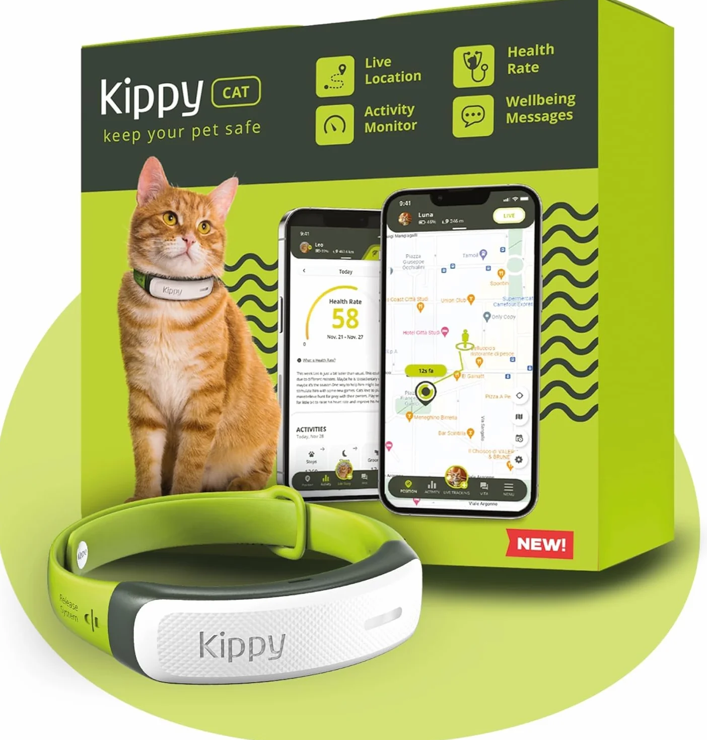 Kippy CAT - Collare GPS per Gatti - Localizzatore e Tracker di Salute e attività - Collare GPS Gatto con Sistema Antistrozzo - Crea Confini Virtuali - Taglia Unica