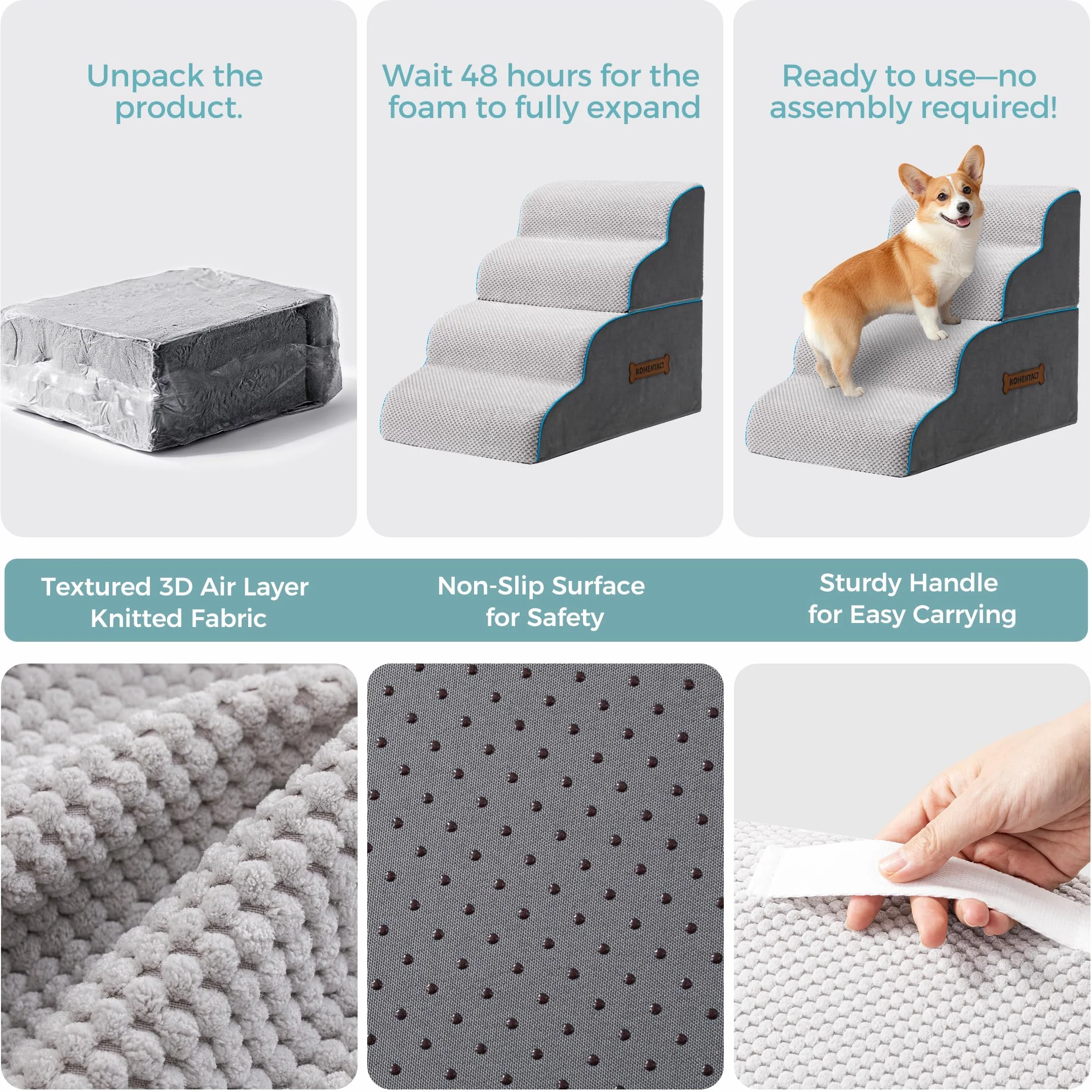 Scaletta per Cani e Rampa per Letto 33-61 cm Scala Rimovibile Schiuma 40D Antiscivolo Grigio