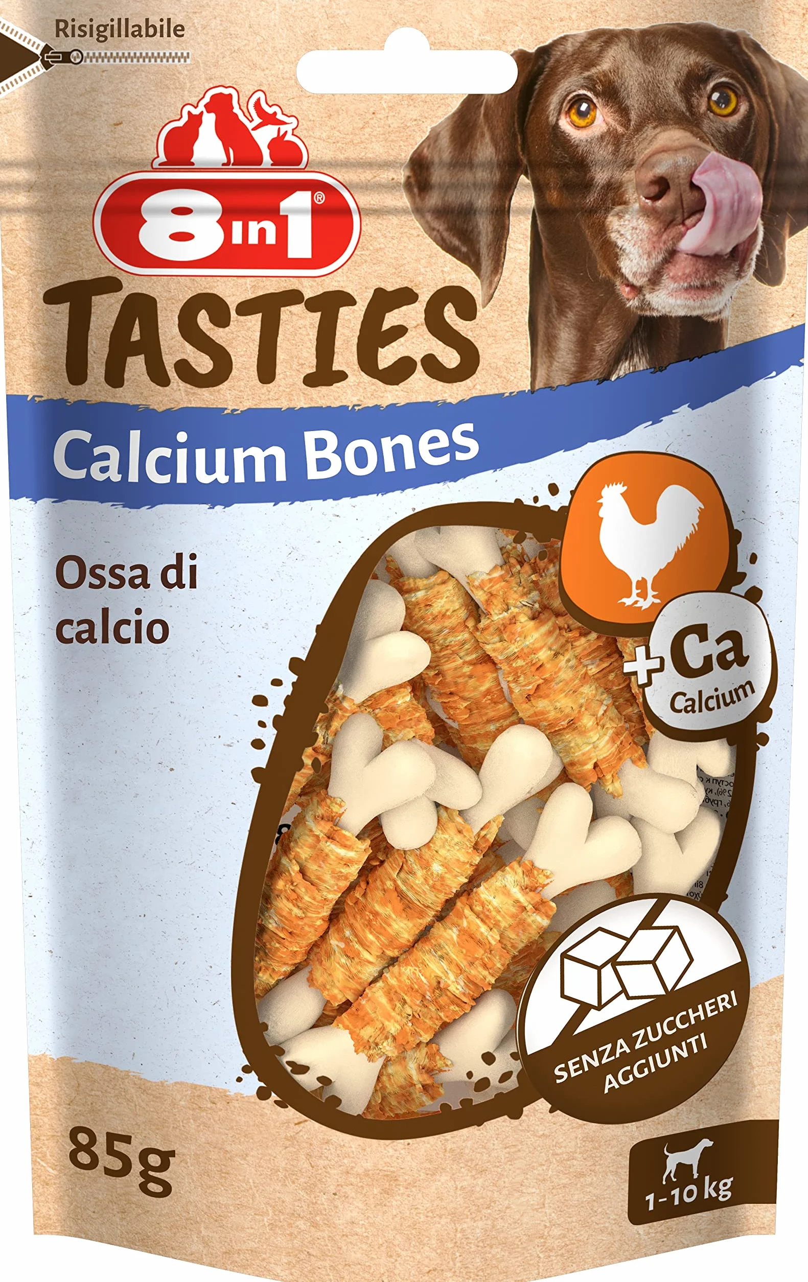 8in1 Tasties Calcium Bones - Ossa di calcio - Piccole ossa di calcio avvolte nel petto di pollo, 85