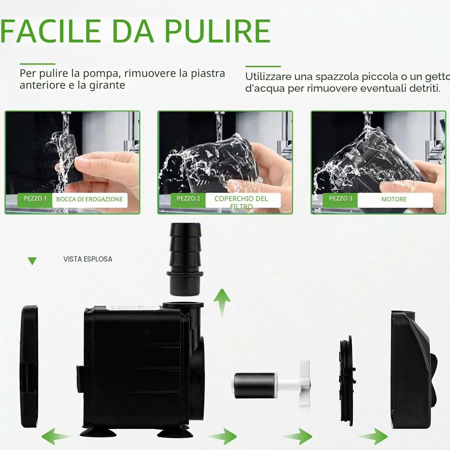 Mini pompa dell'acqua (600 L/H, 10 W), per acquario ultra silenziosa con sollevamento, per fontane, con cavo di alimentazione da 1,5 m, 2 ugelli, per statue, idroponica