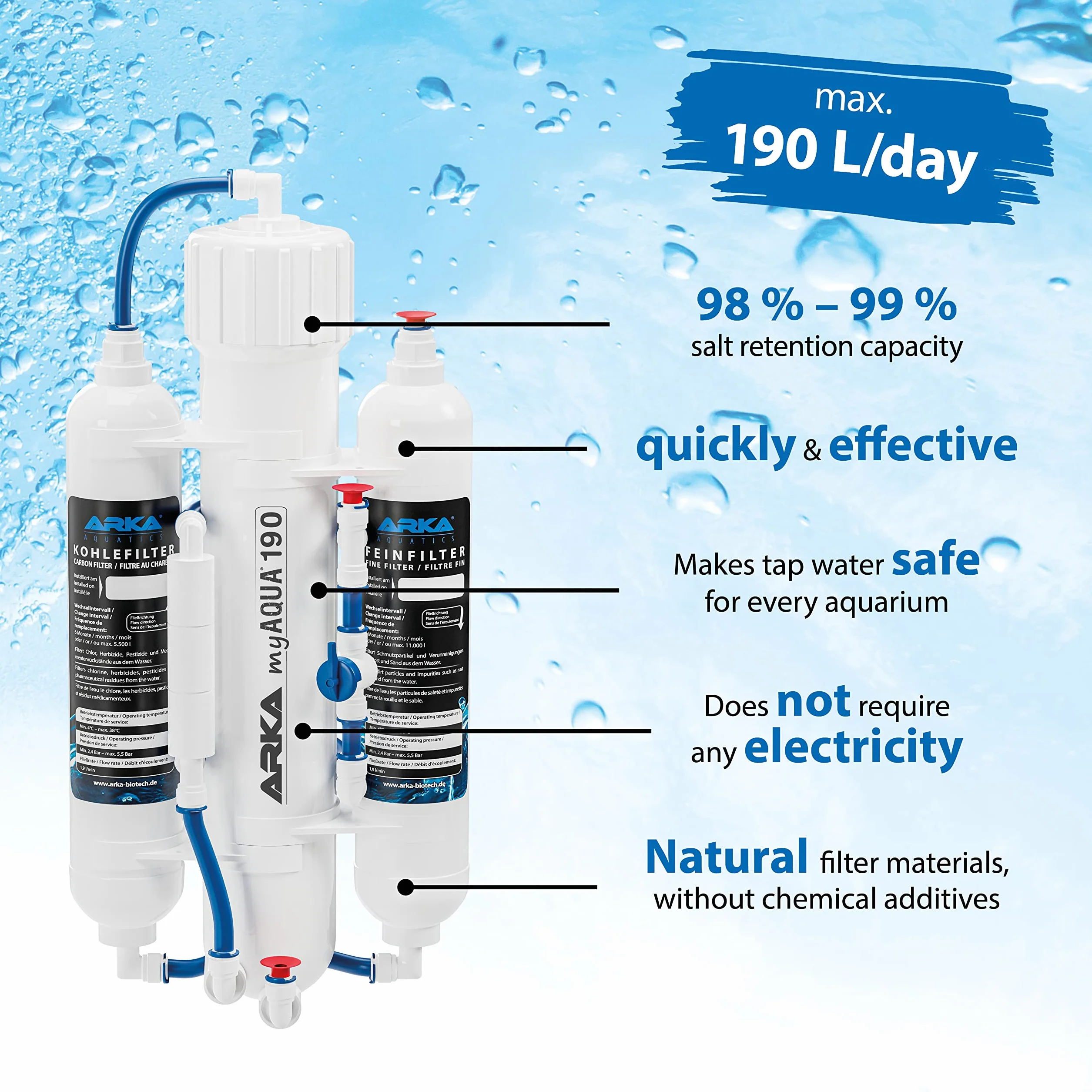 Impianto osmosi inversa acquario – ARKA myAQUA 190 – rimuove 99 % sostanze nocive, sali e batteri – 190 l/giorno filtro acqua e addolcitore – installazione facile – set completo casa e acquario