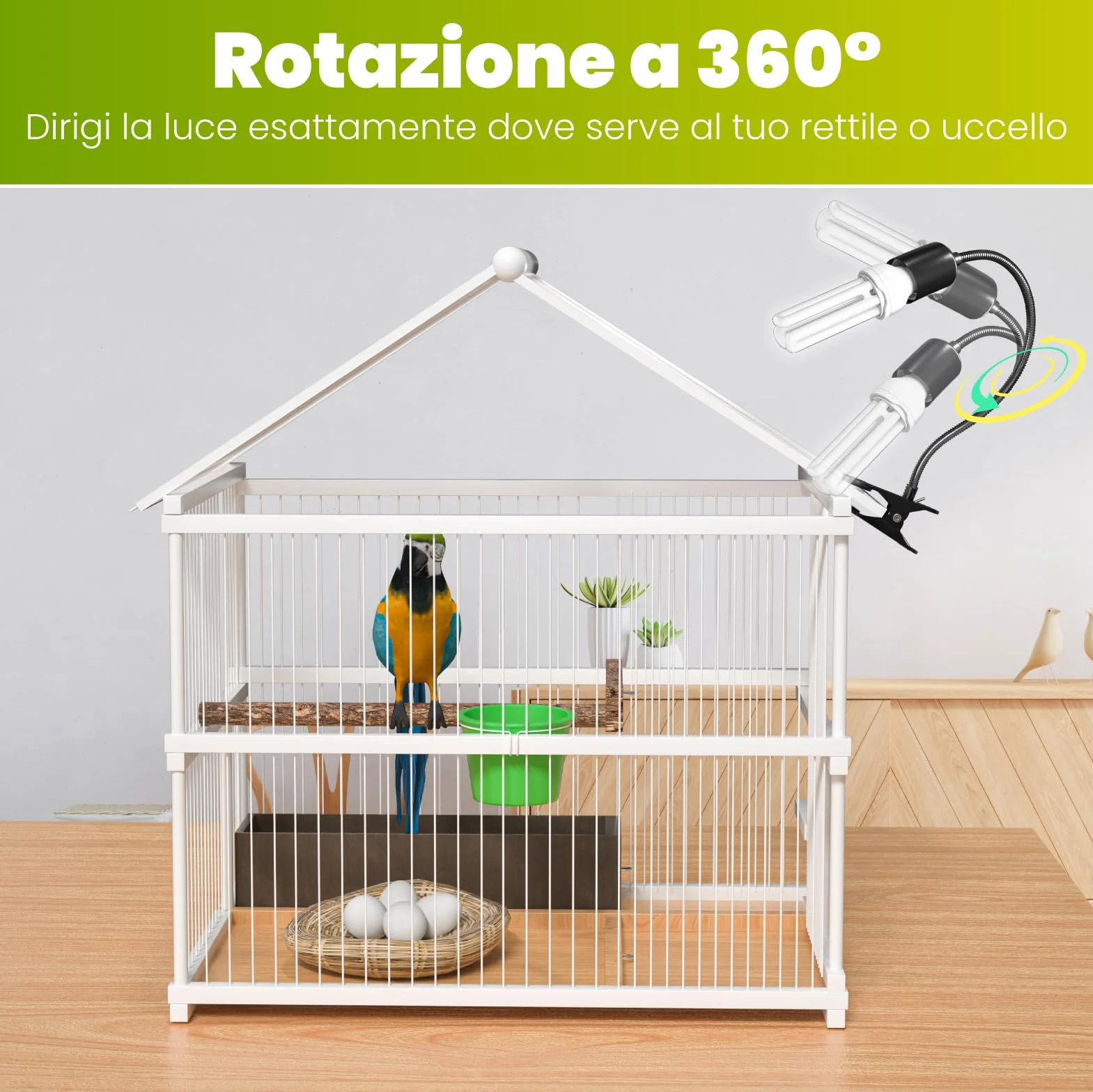 Lampada per uccelli UVB 2.4 E27 20W a morsetto GlowUp set completo