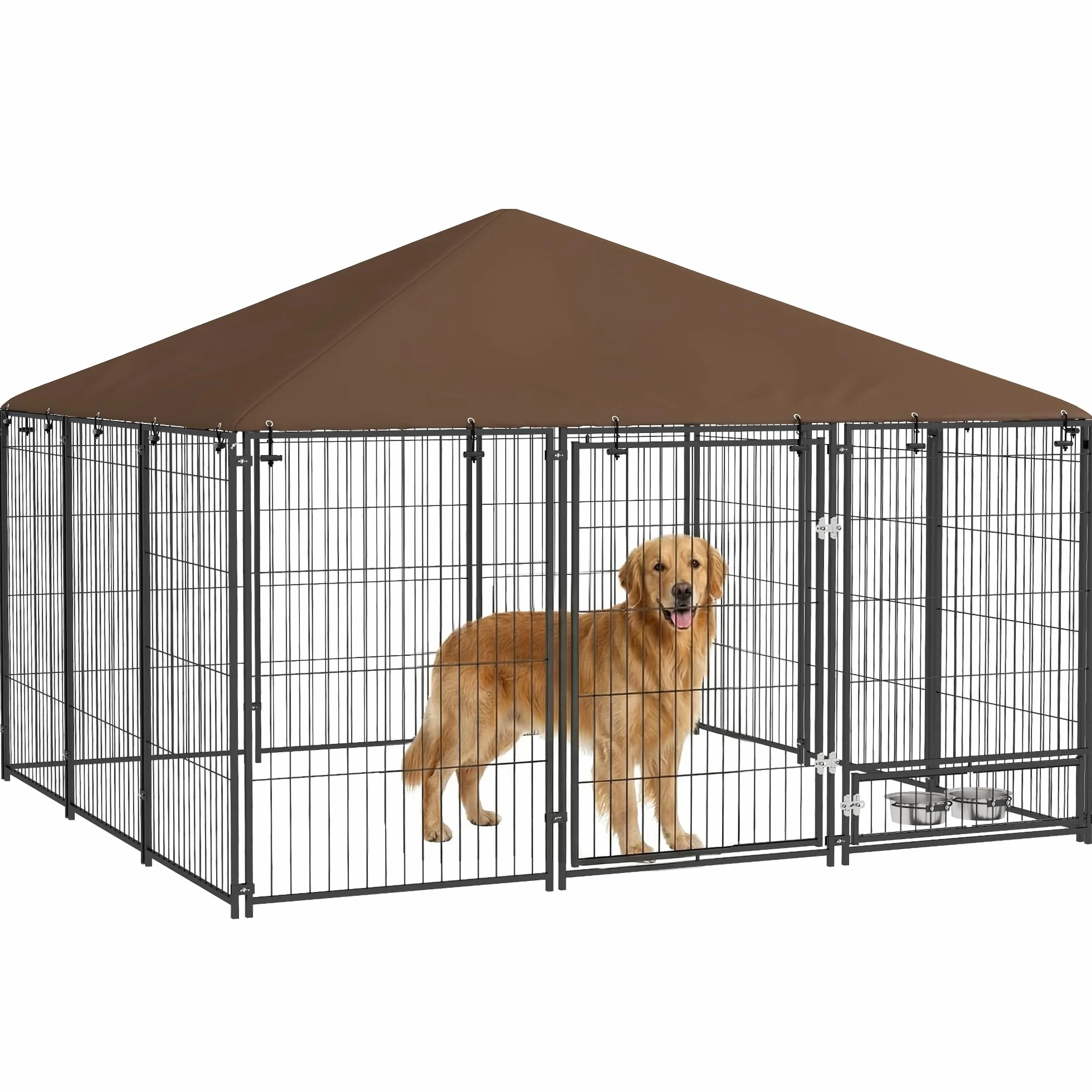 PawHut Recinto per Cani da Esterno, Box per Cani in Acciaio 211x211x151 cm con Tetto Anti-UV, Impermeabile, Ciotola Girevole, Kennel Recinzione Spazioso per Cuccioli, Giardino, Nero e Marrone