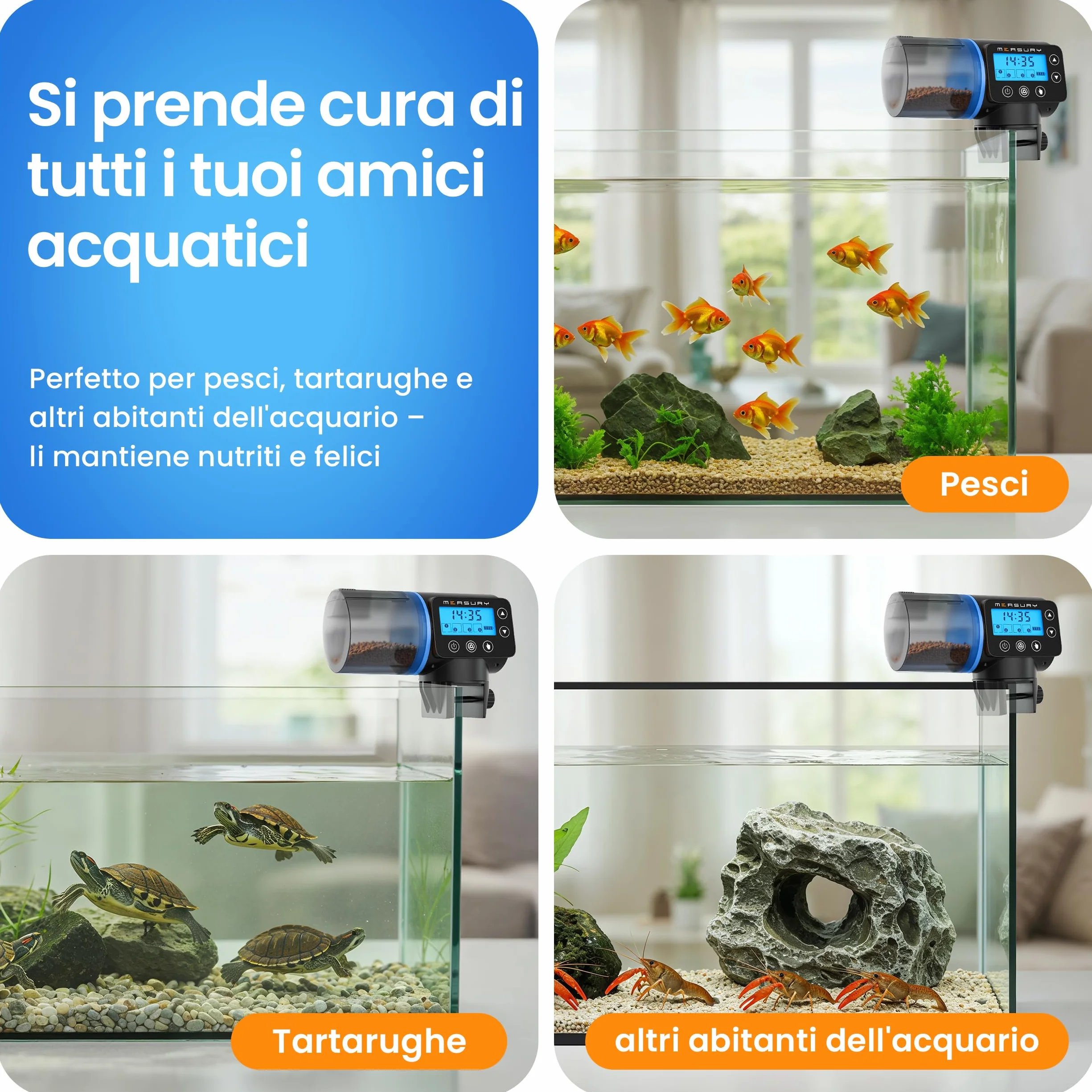 Mangiatoia automatica acquario di Measury, Dispenser mangime pesci automatico - fino a 4 volte al giorno, Distributore automatico cibo pesci