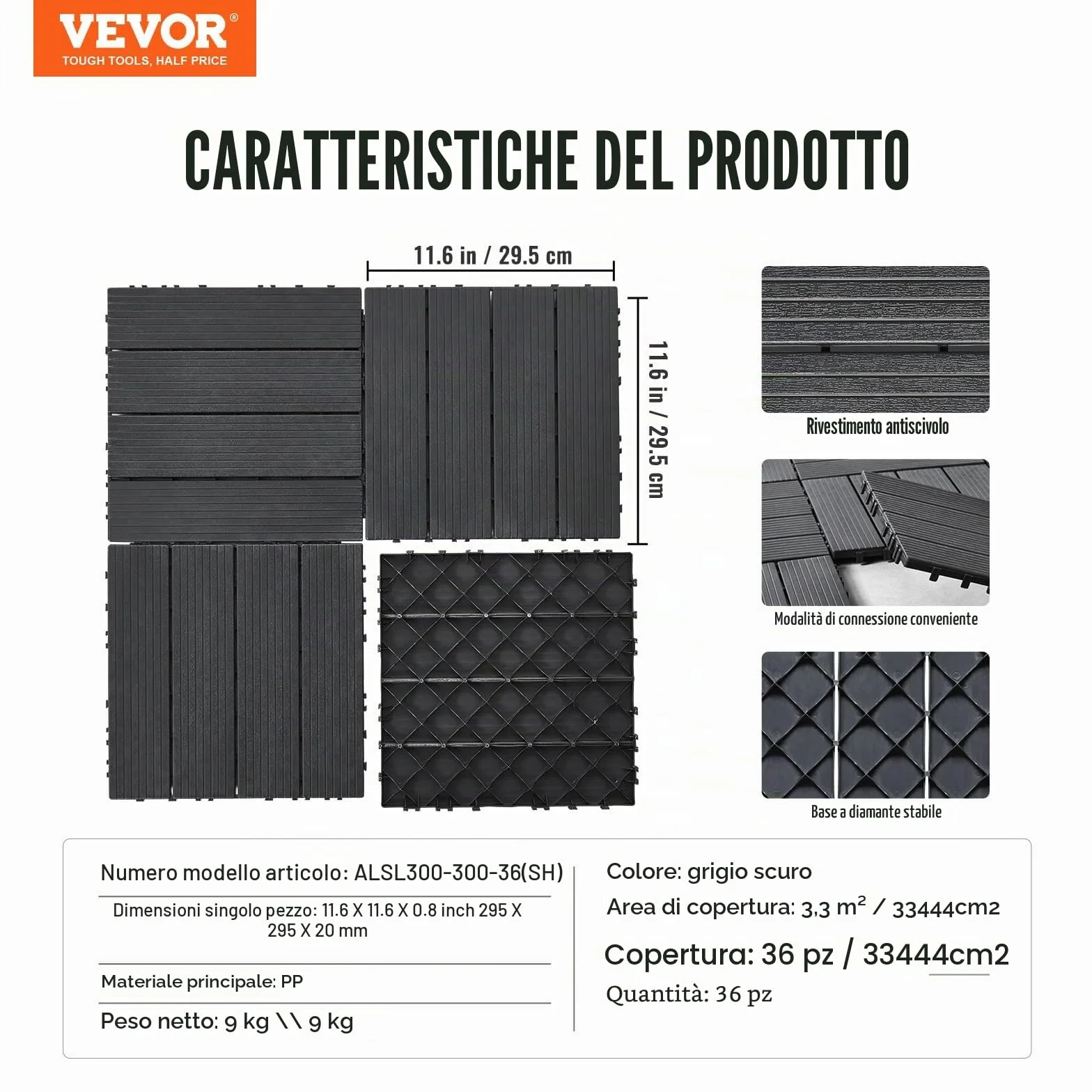VEVOR Piastrelle per Patio ad Incastro 36 Pezzi 300 x 300 x 20 mm, Piastrelle Impermeabile in Plastica, Piastrelle per Tutte Le Condizioni Atmosferiche, per Portico Piscina Cortile, Grigio Scuro