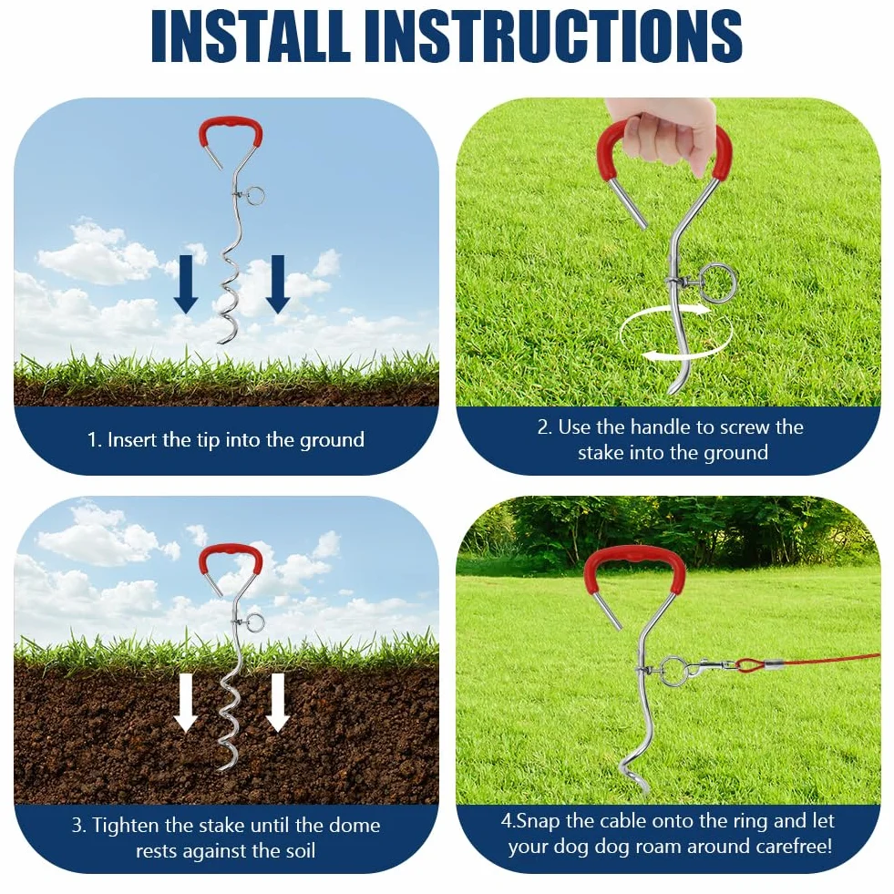 Aomig Cavo Resistente per Cani, Kit Guinzaglio per Cani 3M e Picchetto per Cani in Acciaio Inossidabile, Spirale in Metallo a Forma di Cane Tether Dog Accessori da Campeggio, Cortili, Parchi