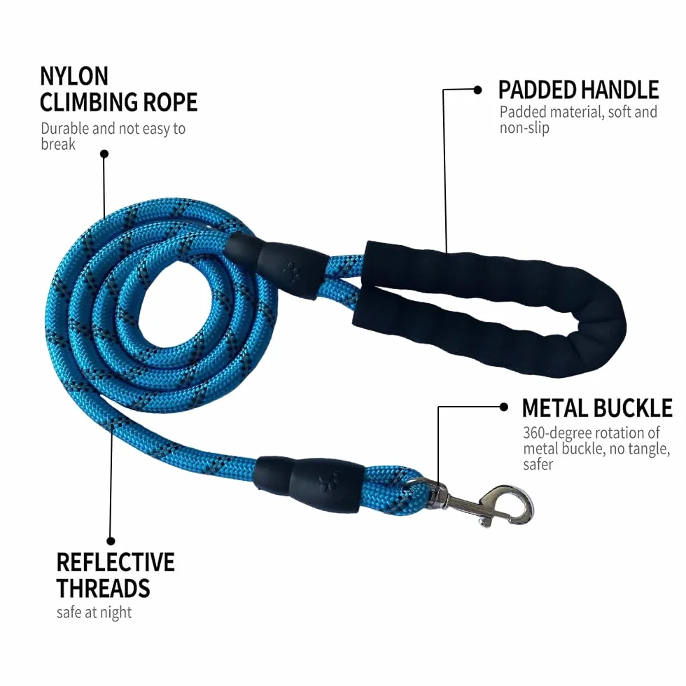 Corda in nylon resistente da 1,5 metri, Guinzaglio per Cani | Guinzaglio Addestramento con Manico Morbido | Per Cani Piccoli, Medi e Grandi (Blu, Gancio metallico)
