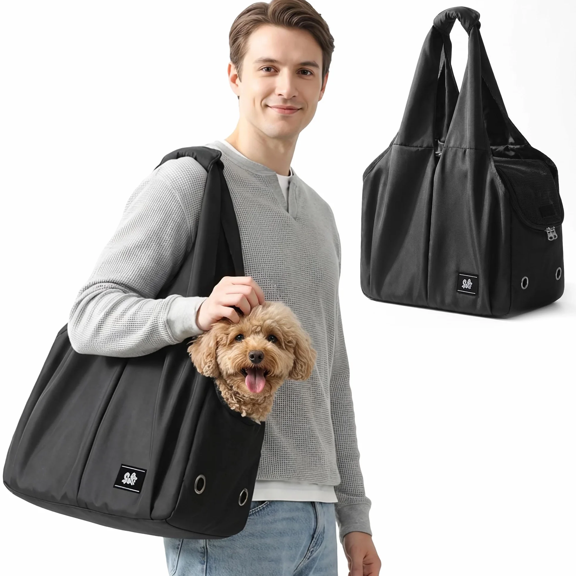 ALLSOPETS Borsa per Cani Taglia Piccola, Marsupio per Cani Traspirante e Comodo, Borsa Cane Portatile per Gatti con Gancio per Guinzaglio, Ideale per Viaggi e Campeggio (Nero Intenso)