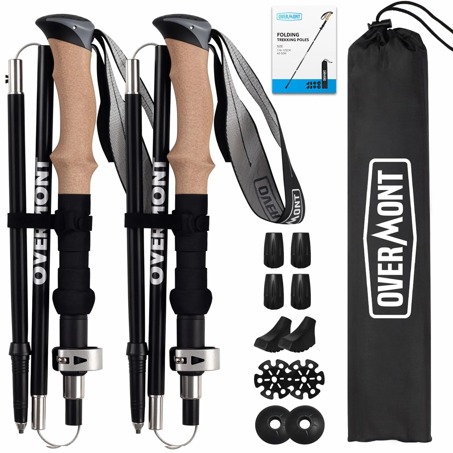 Overmont Bastoni Trekking e Escursionismo Pieghevoli in Fibra di Carbonio Ultraleggeri Antiscivolo - Regolabili 110-125 cm - 1 Paio Nordic Walking per Camping, Sci, Trail e Montagna - Nero