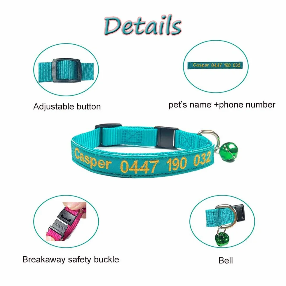 Collare personalizzato per gatti Breakaway personalizzato con campana, fibbia a scatto di sicurezza, nome identificativo ricamato sul colletto per gattini 26,5-29,5cm Adjustable multicolore