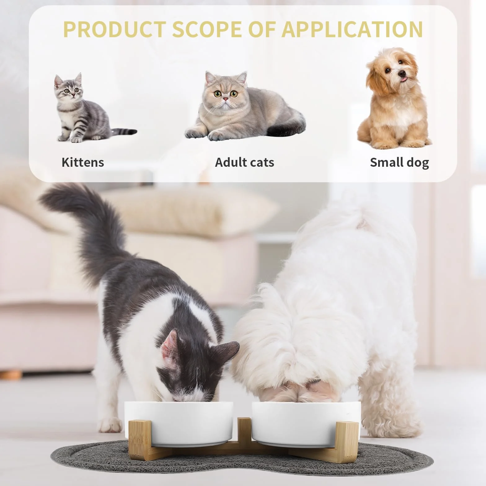 Ciotole per Gatti, Ciotola Ceramica Gatto con Staffa 400ML, Distributore per cibo con 2 Ciotole, Adatto a Gatti di Tutte le Dimensioni e Cuccioli (Bianco)