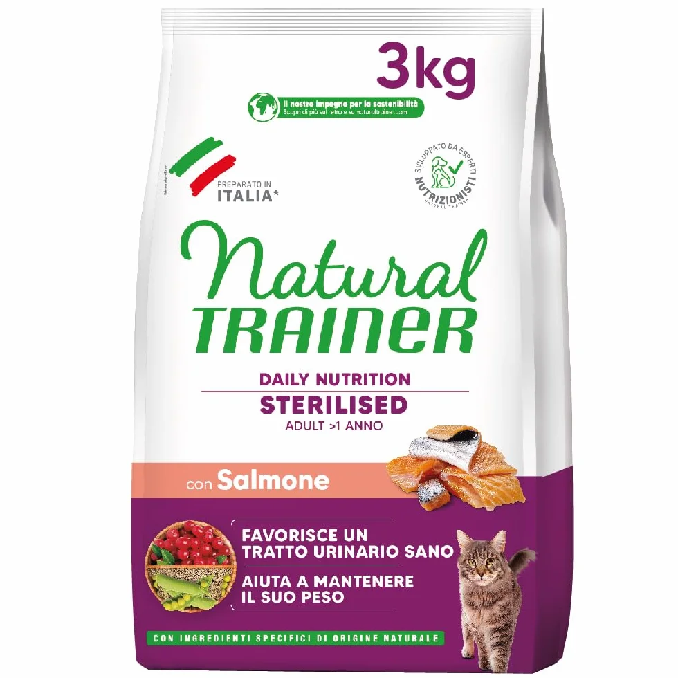 Trainer Natural Sterilised Adult con Salmone e Fibra di Pisello 3 kg