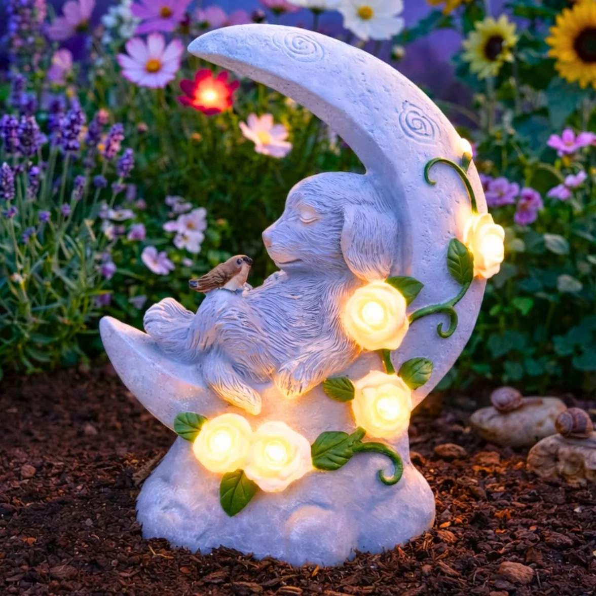 Festive Lights Lapide commemorativa da 19 cm con illuminazione LED solare a mezzaluna con cane, decorazione per tomba di cane, resistente agli agenti atmosferici, lapide per cane, luce per tomba