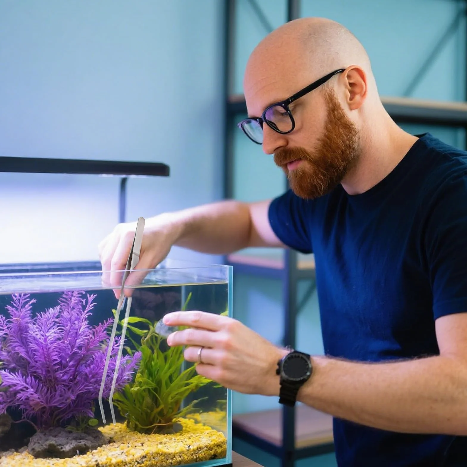 Strumenti per acquario in acciaio inox 4 in 1, pinzette lunghe, forbici, spatola, kit per la pulizia