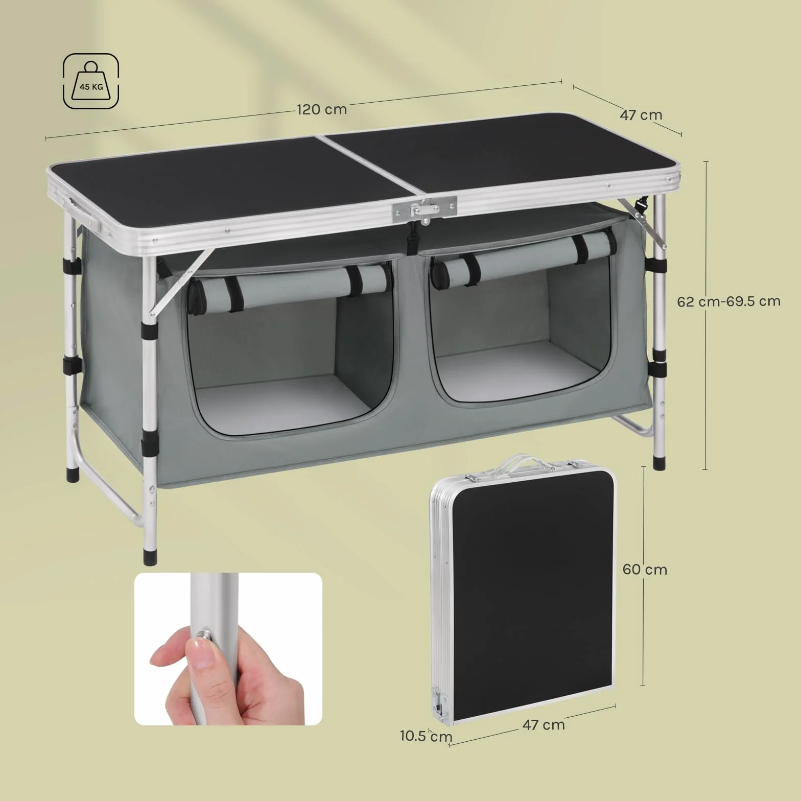 WOLTU Tavolo da Picnic Pieghevole, Mobile Cucina da Campeggio, MDF e Alluminio, 120 x 47 x 62/69.5 cm