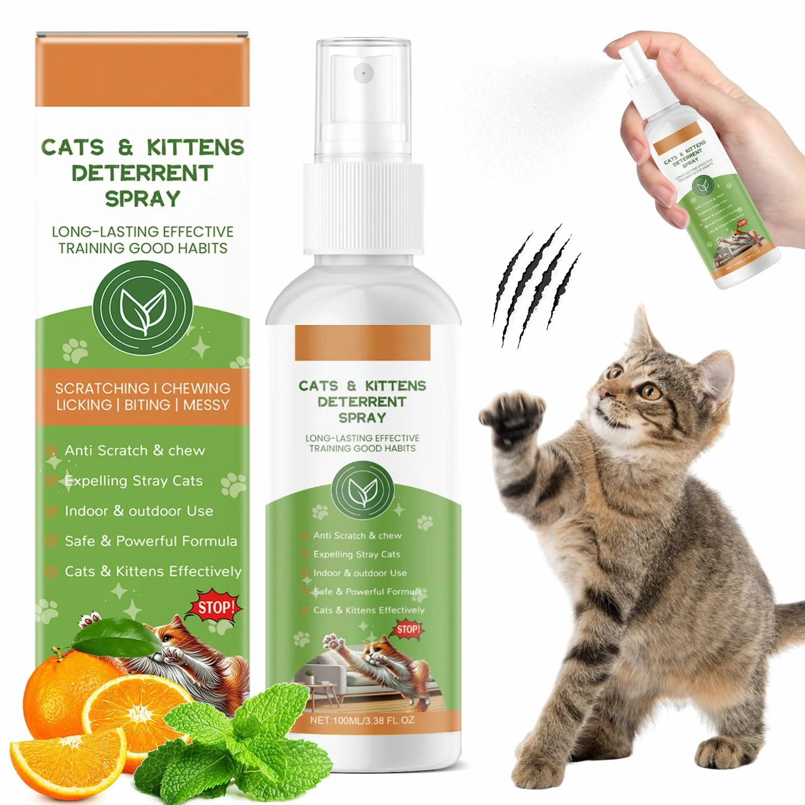 100ML Spray Repellente per Gatti, Spray Disabituante Gatti, Repellente Gatti e Spray AntiGraffio per Gatti Divano, Uso Interno ed Esterno, Protezione del Divano, Cavi, Vestiti, Piante e Mobili