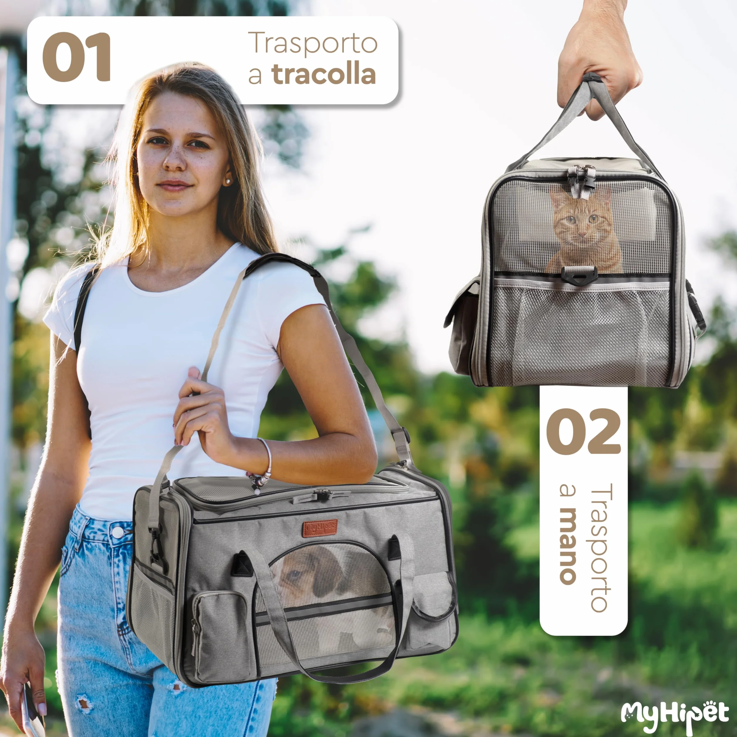 Trasportino per Gatti e Cani Grande in Oxford 300D - Trasportino per cani Auto Ideale anche per Viaggi Aerei - Misura 48x28x30 cm (Grigio)