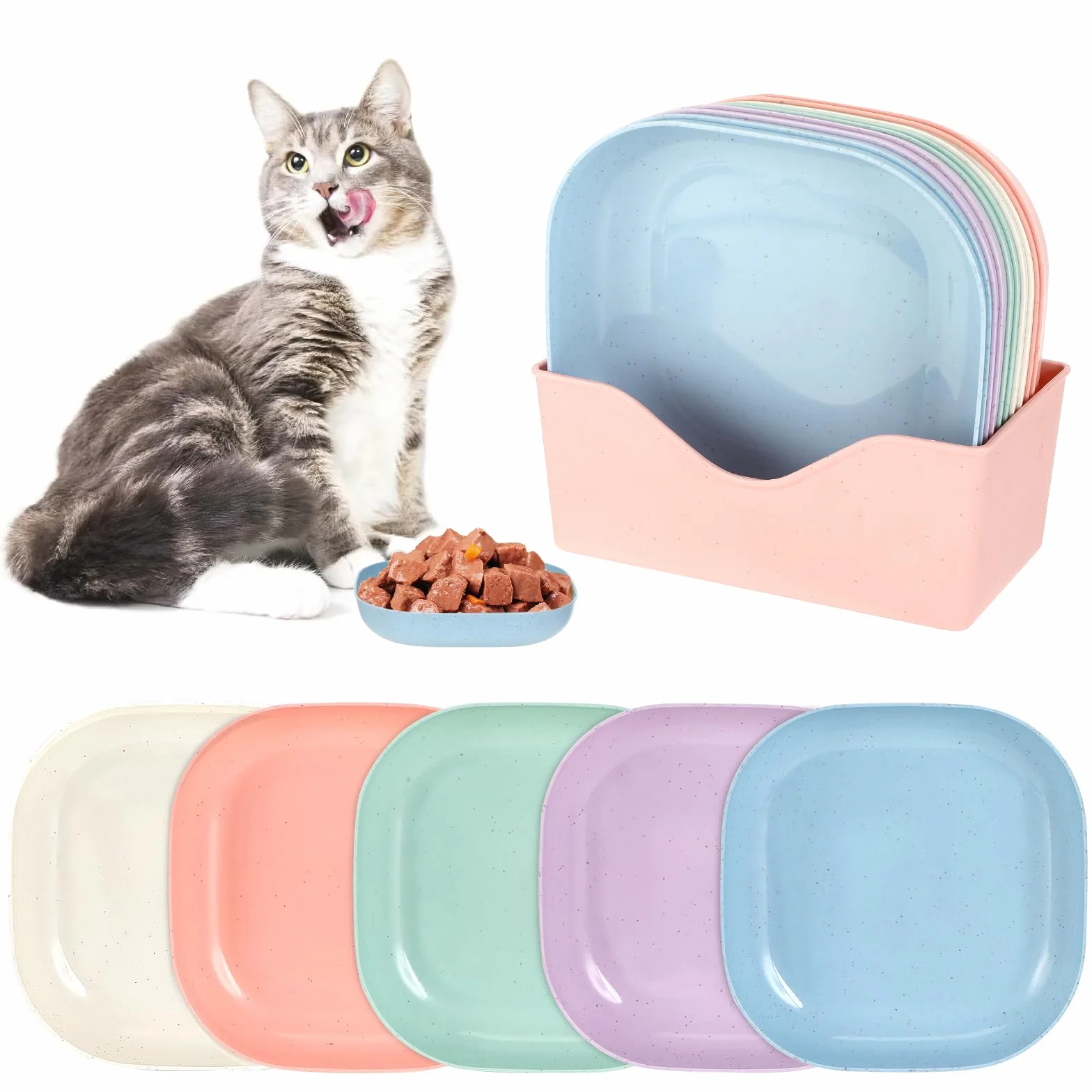 Zikenis 10 pezzi ciotole piatte per da,rotonde per e cibo umido,con Scatola di immagazzinaggio,Multicolore,per cibo per gatti,piatto per gatti per gattini e con zampe corte
