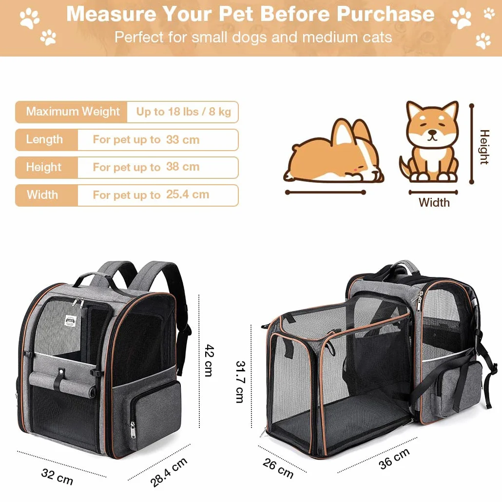 Zaino per Cani Gatti Grande Porta Animali Espandibile Fino a 8 KG, 4 Ingressi, Traspirante, Pieghevole, Grigio