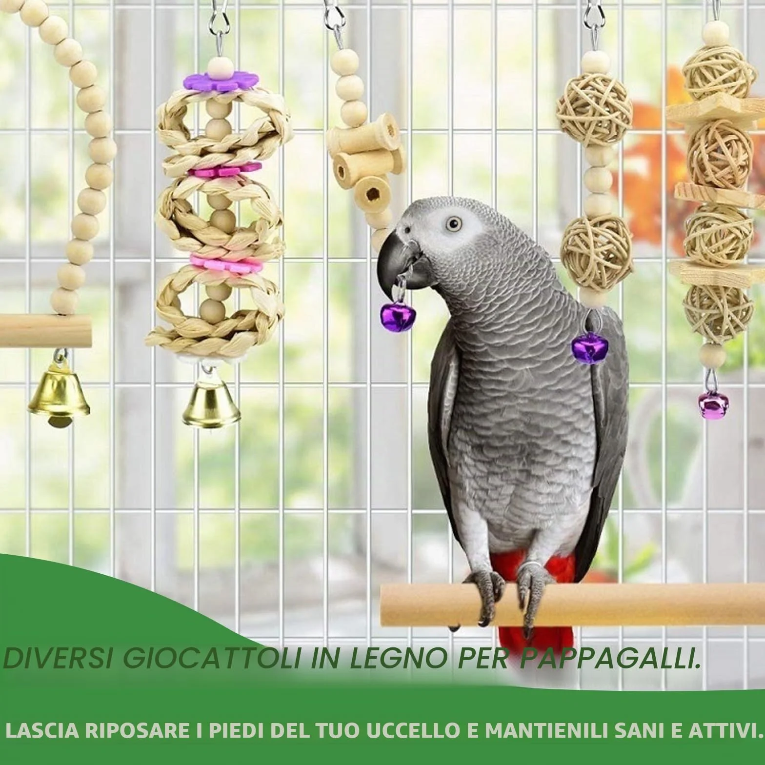 Giocattoli per Pappagalli 8 Pezzi, Scaletta, Altalena, Amaca, Campanelli, Giochi da Masticare per Gabbia Uccelli