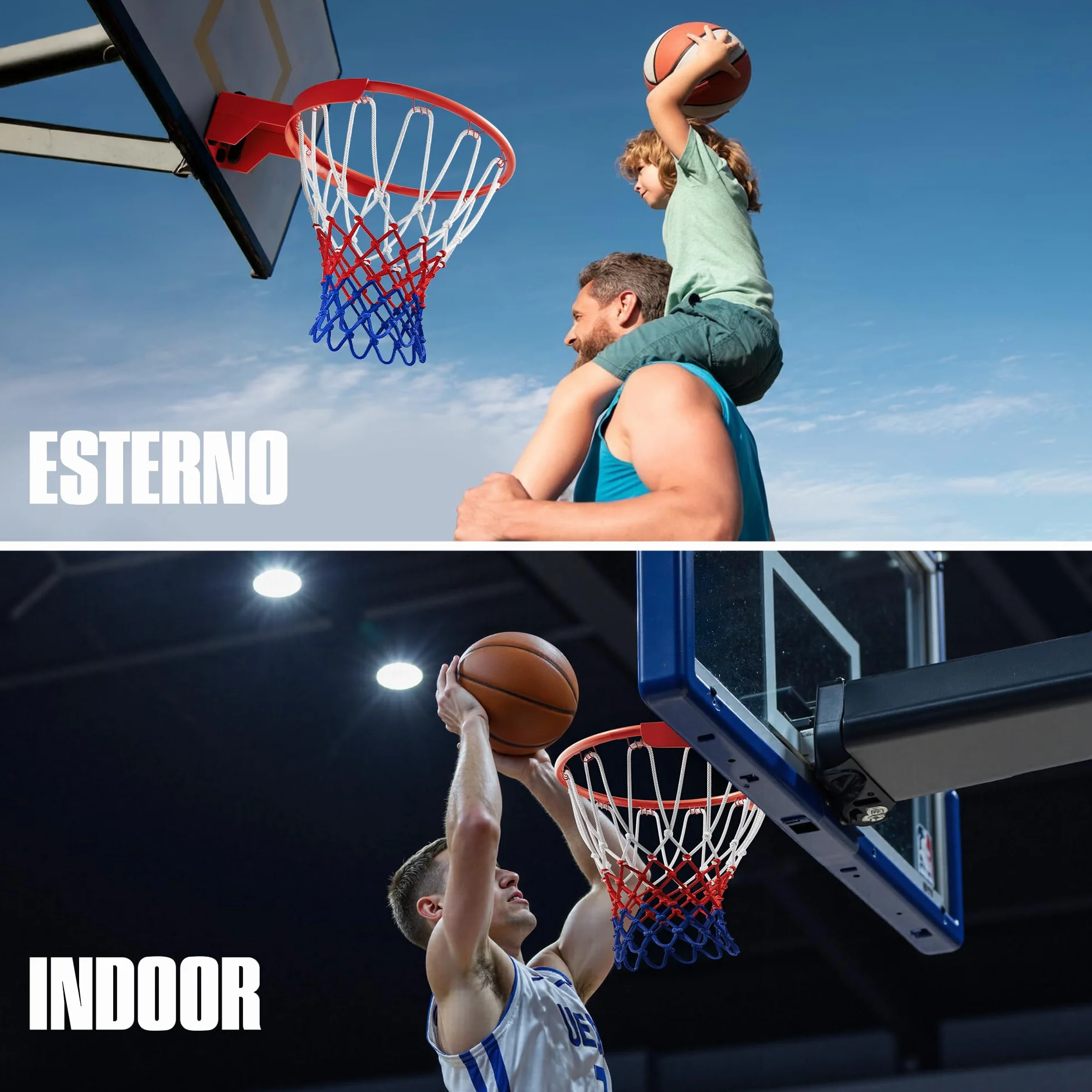 Rete per Basket Professionale 150g, Rete Resistente per Canestro Esterno, 12 Ganci, Bianco Rosso Blu