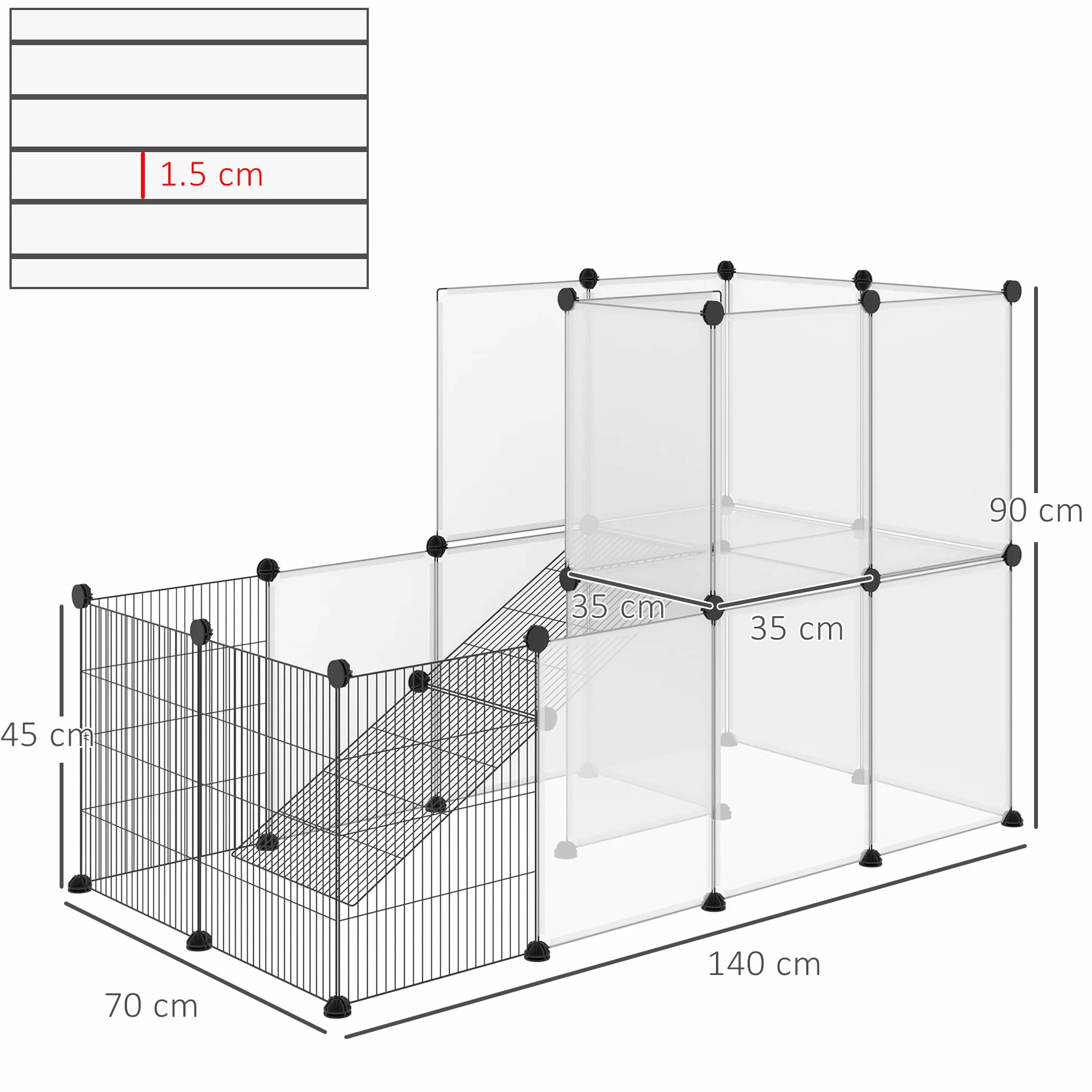 PawHut Recinto Modulare per Conigli, Cincillà e Porcellini d'India, Box per Animali di Piccole Dimensioni, 27 Pannelli Acciaio e Resina