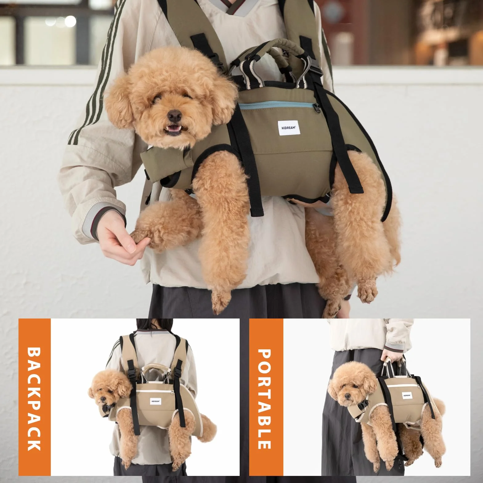 Zaino ergonomico per il trasporto del cane, con zampe orizzontali verso l'esterno anteriore e posteriore, borsa da trasporto a mani libere convertibile 3 in 1, fino a 15 kg (Verde, XL)