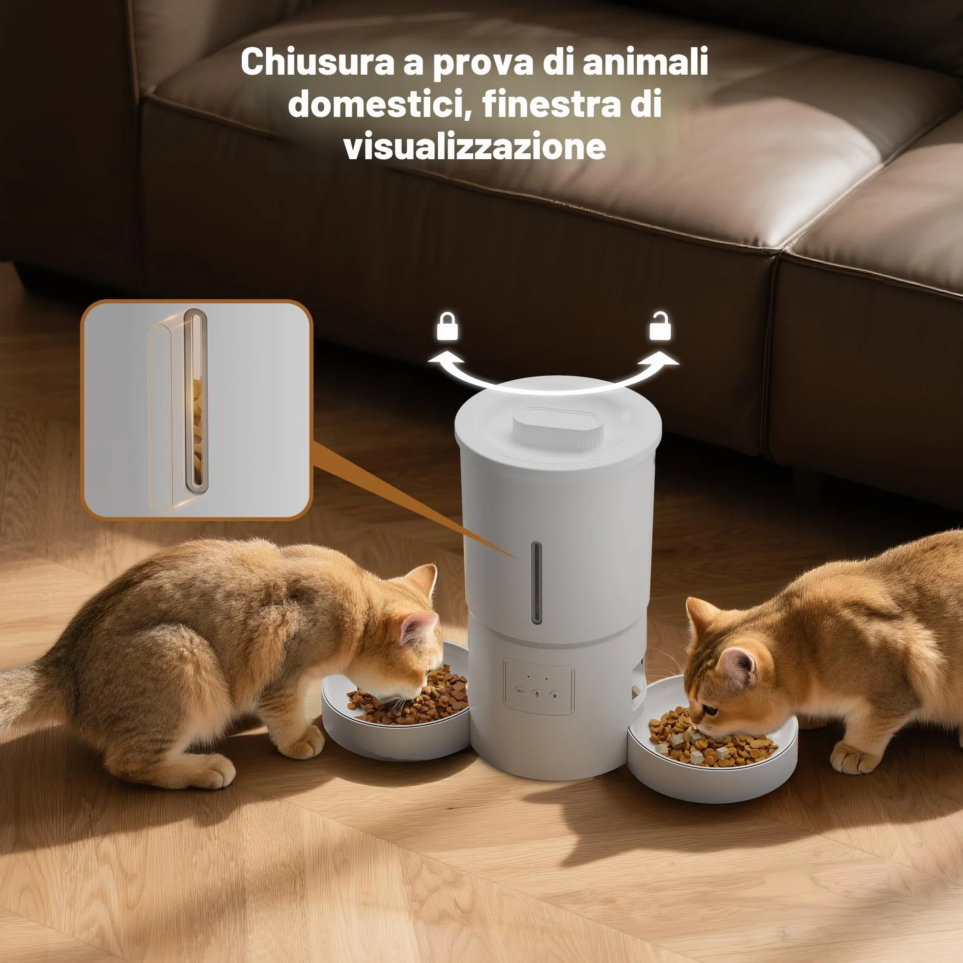 Distributore Automatico Cibo Gatti 2 Ciotole: 5L Distributore Automatico Cibo Cane con Timer WiFi 2.4G per Crocchette - Design Doppia Ciotola per Famiglie con Più Gatti & Cani - Bianco