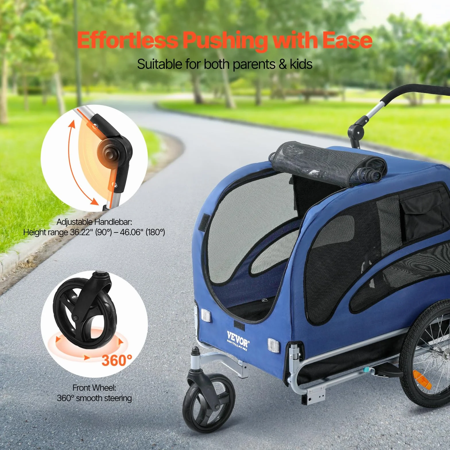 VEVOR Rimorchio Bici per Cani Pieghevole Portata max. 45kg Passeggino per Animali Domestici con Ruote a Sgancio Rapido, Attacco Universale, Carrello per Bici Traino Rimorchio per Animali Nero/Blu