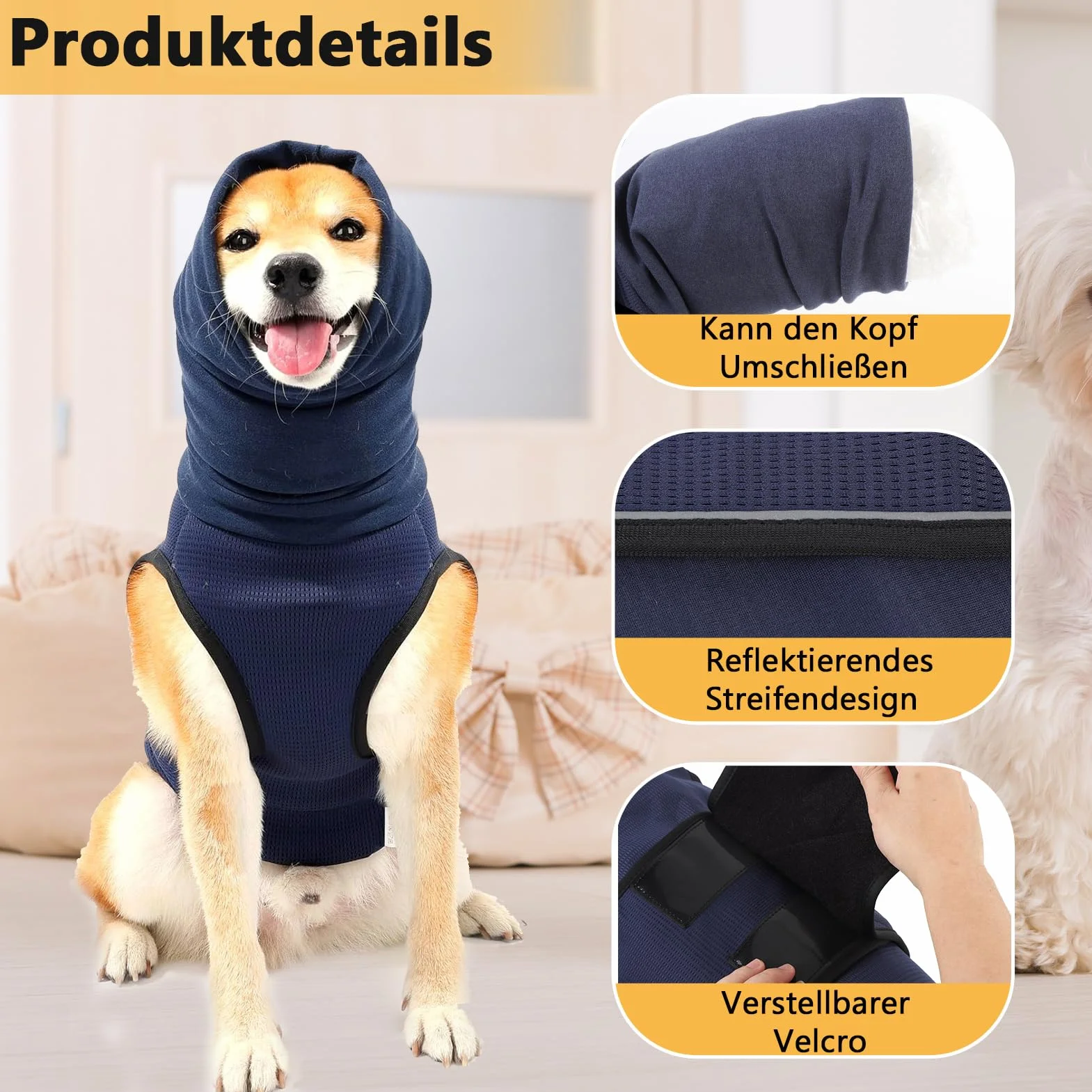 Gilet calmante per cani con cappuccio e strisce riflettenti, regolabile, traspirante, blu scuro 3XL