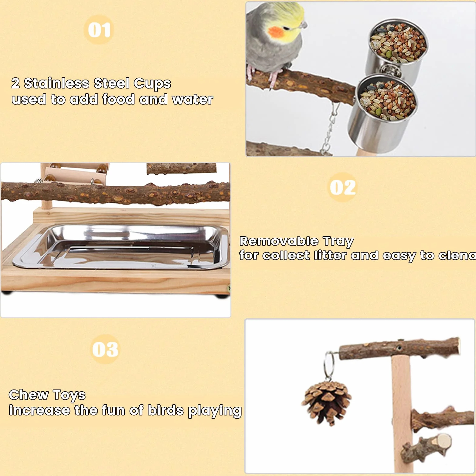 Parco Giochi per Pappagalli Palestra per Uccelli con Posatoi e Accessori Legno 45x37x26 CM