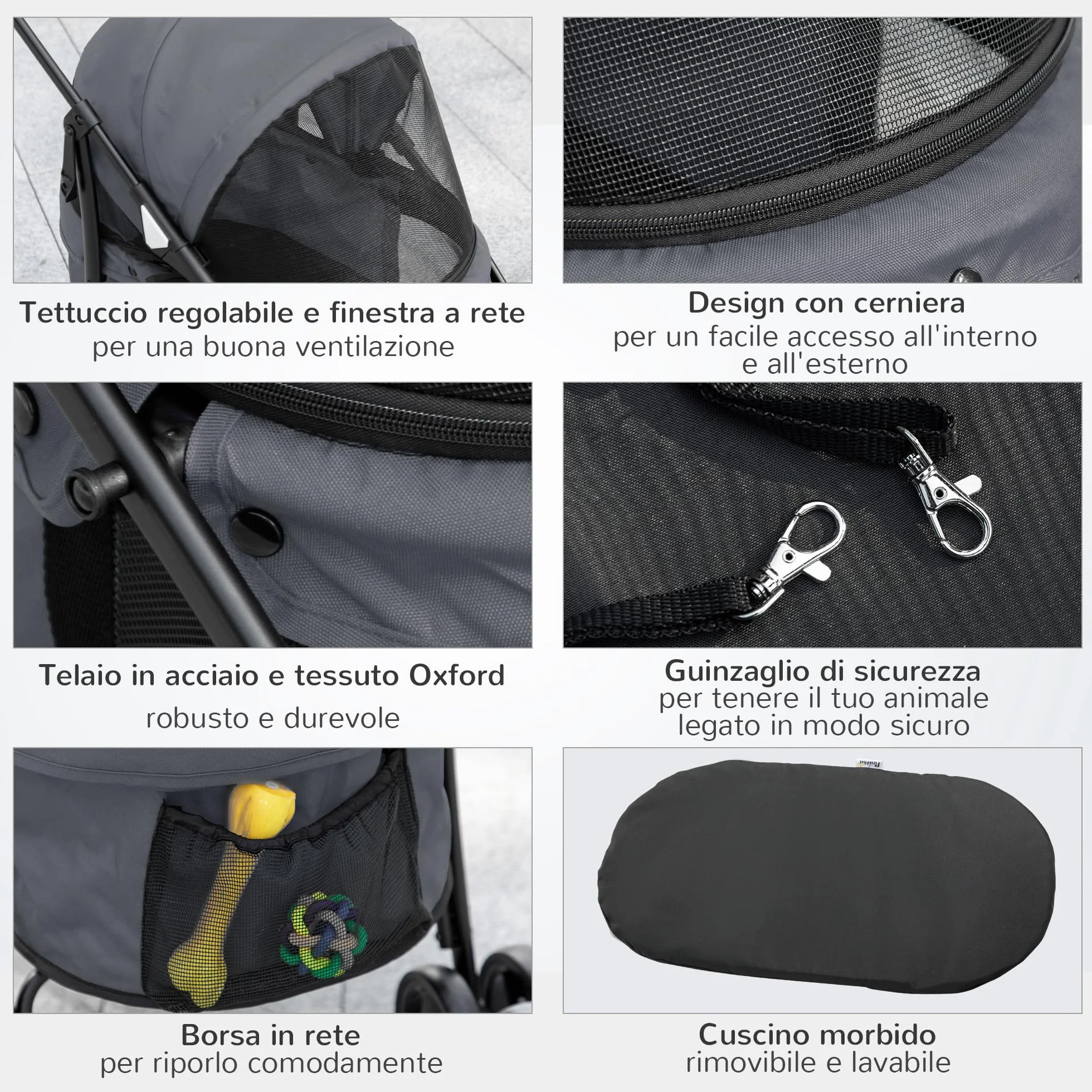 PawHut Passeggino per Cani Pieghevole con Tettuccio Regolabile, Borsa e 2 Guinzagli, Passeggino per Animali in Tessuto Oxford e Acciaio, 82x47x97 cm, Grigio e Nero